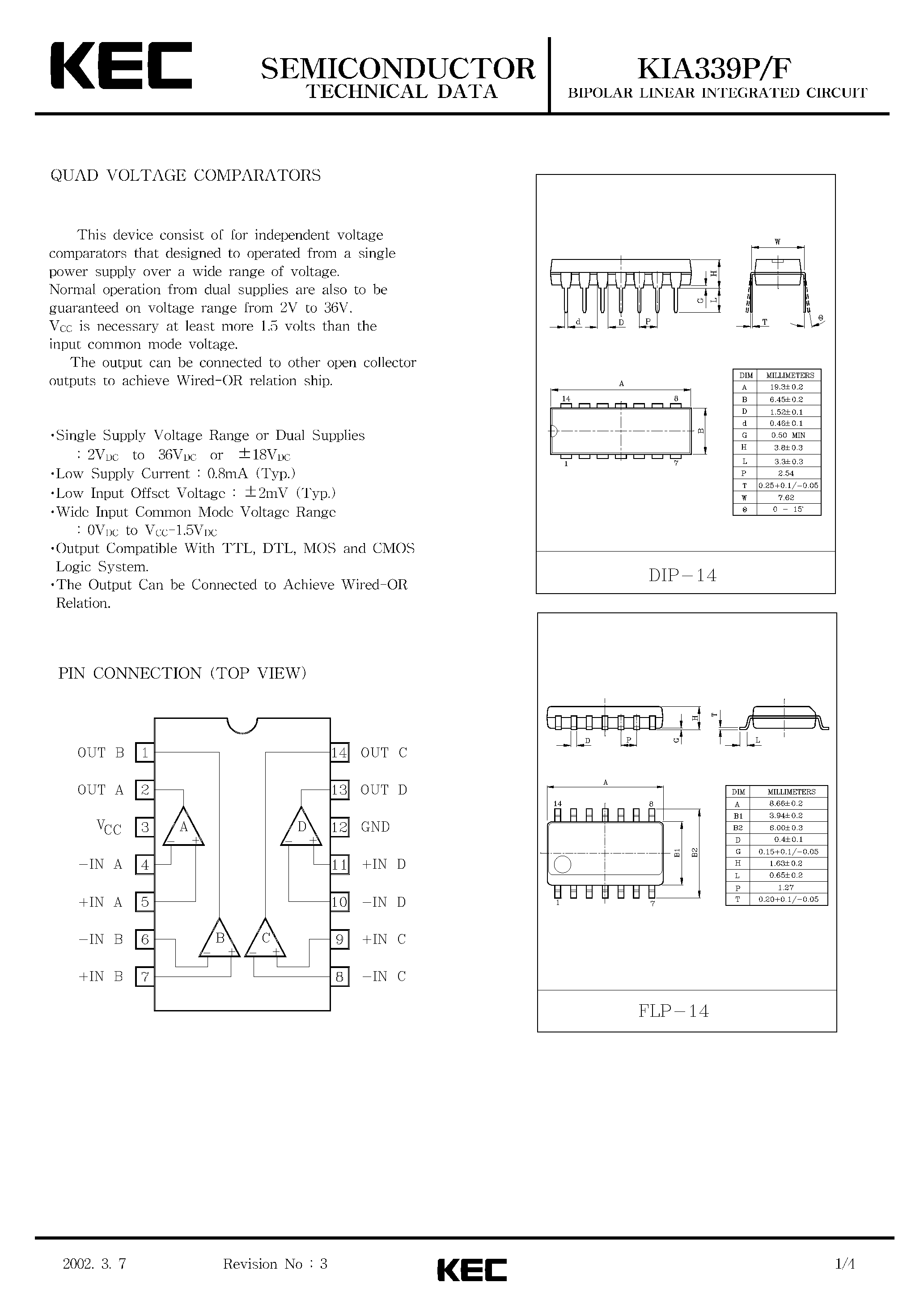 Datasheet KIA339F - BIPOLAR LINEAR INTEGRATED CIRCUIT (QUAD VOLTAGE COMPARATORS) page 1