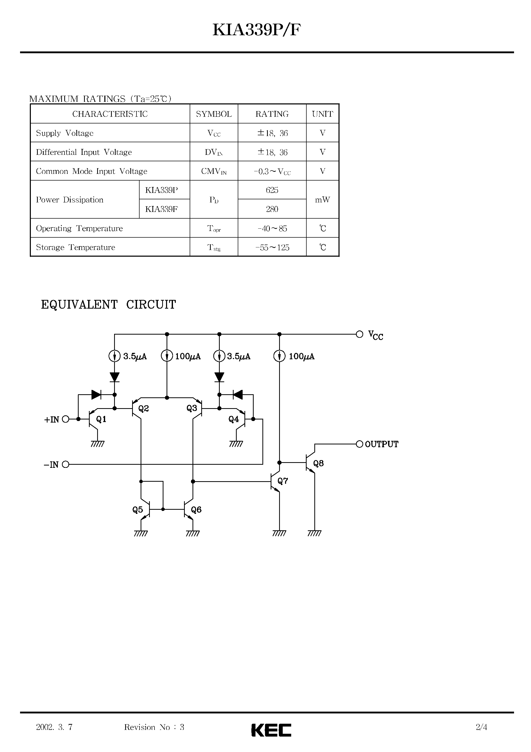 Datasheet KIA339F - BIPOLAR LINEAR INTEGRATED CIRCUIT (QUAD VOLTAGE COMPARATORS) page 2