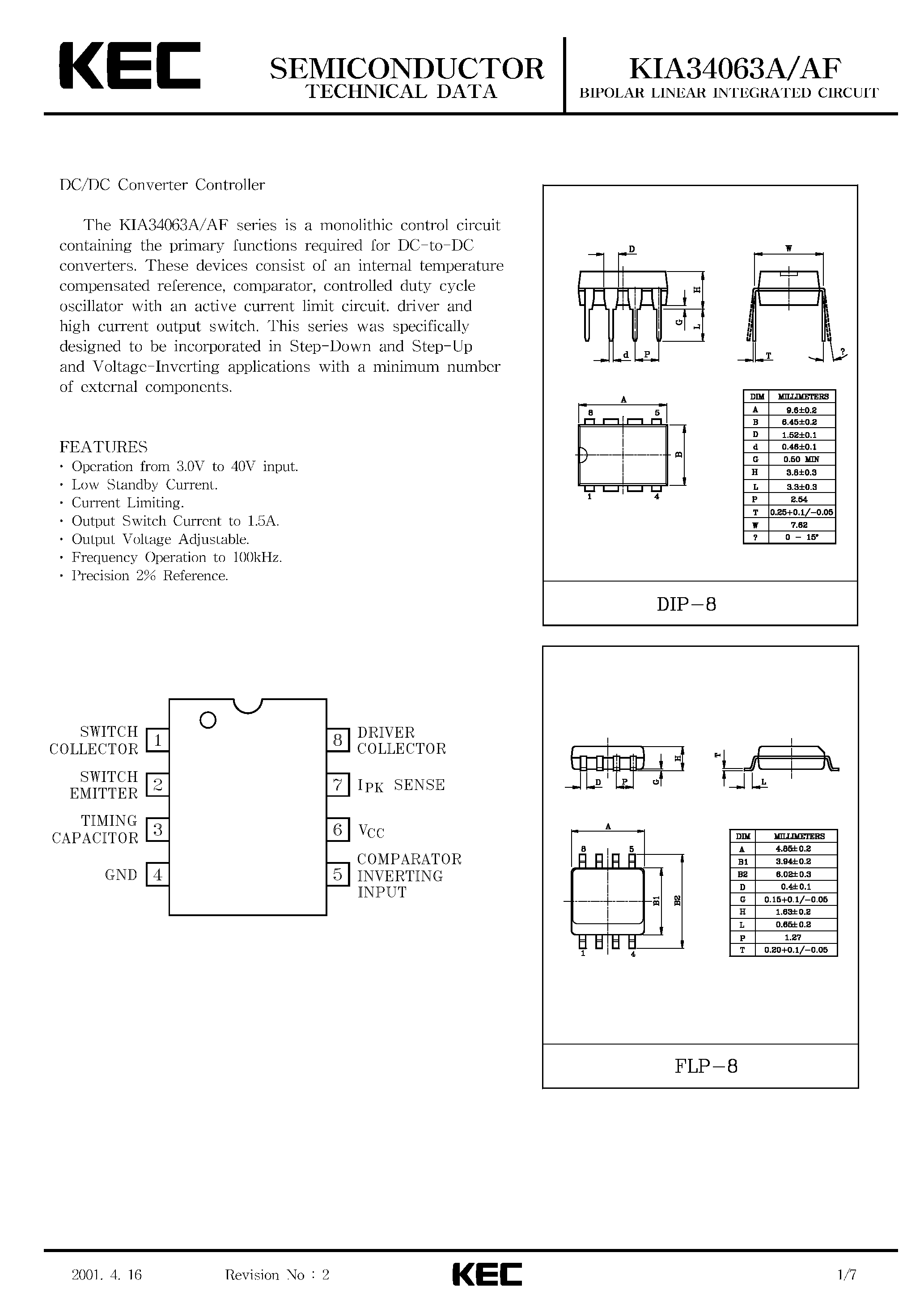 Datasheet KIA34063AF - BIPOLAR LINEAR INTEGRATED CIRCUIT (DC/DC CONVERTER CONTROLLER) page 1