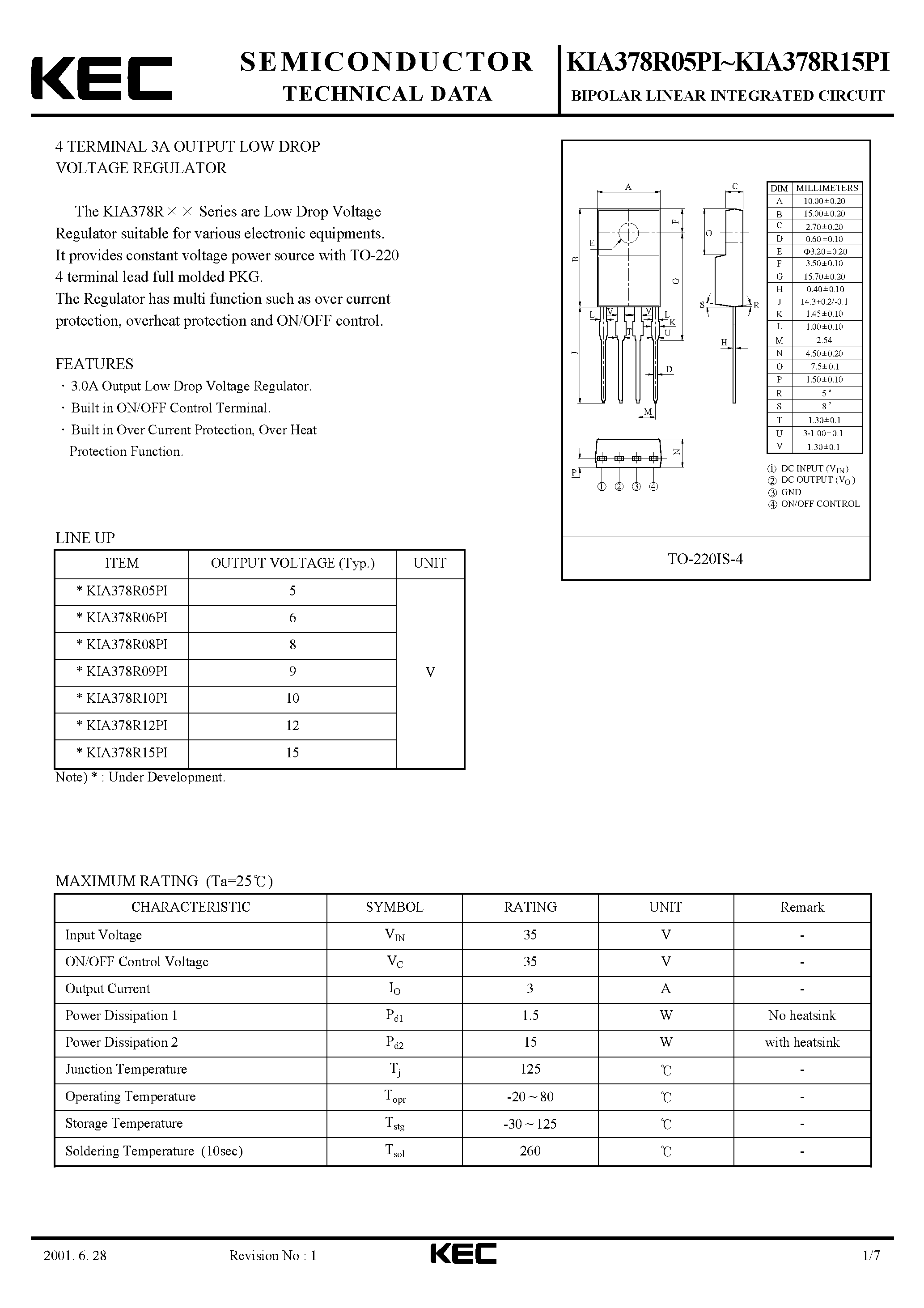 Datasheet KIA378R05PI - BIPOLAR LINEAR INTEGRATED CIRCUIT (4 TERMINAL 3A OUTPUT LOW DROP VOLTAGE REGULATOR) page 1