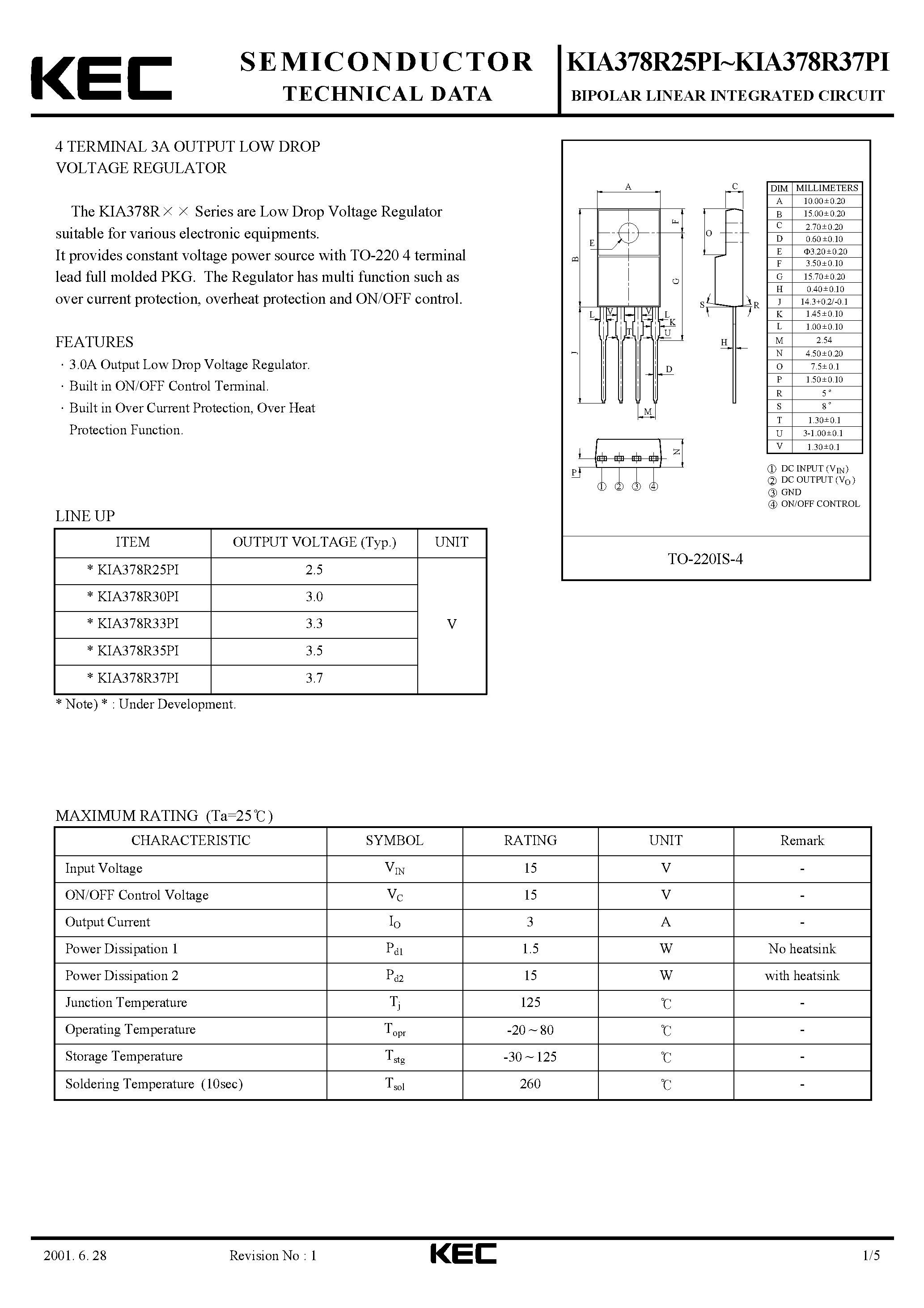 Datasheet KIA378R30PI - BIPOLAR LINEAR INTEGRATED CIRCUIT (4 TERMINAL 3A OUTPUT LOW DROP VOLTAGE REGULATOR) page 1