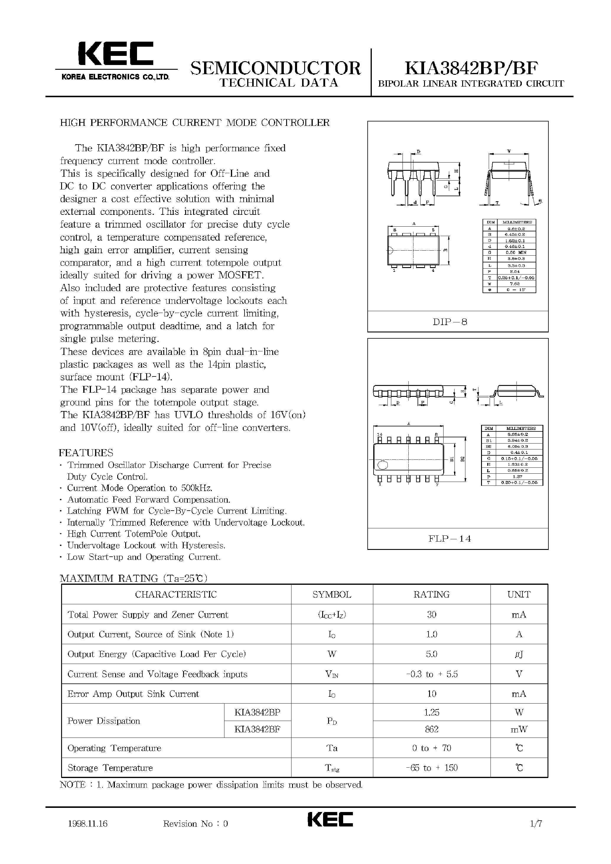 Datasheet KIA3842BP page 1 Datasheet KIA3842BP - BIPOLAR LINEAR INTEGRATED CIRCUIT (HIGH PERFORMANCE CURRENT MODE CONTROLLER) page 1