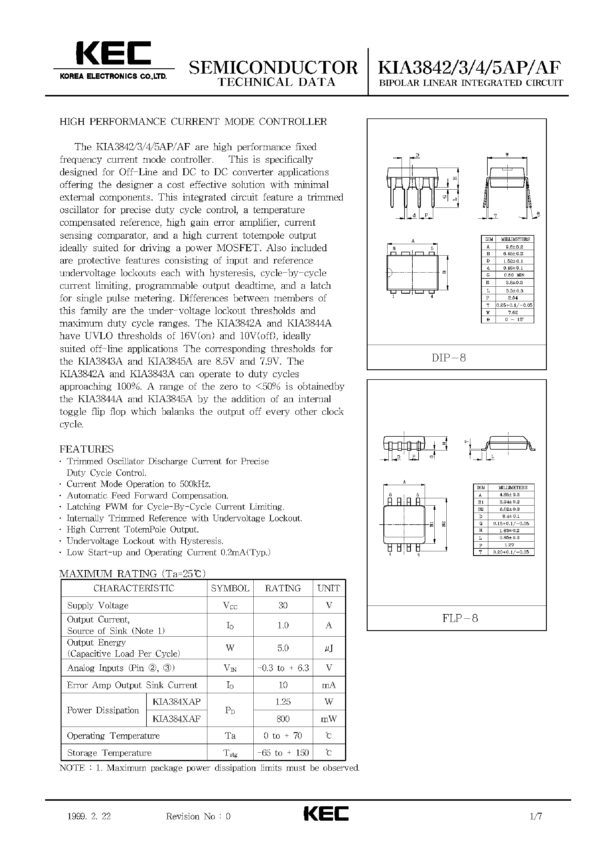 Datasheet KIA3843AF - BIPOLAR LINEAR INTEGRATED CIRCUIT (HIGH PERFORMANCE CURRENT MODE CONTROLLER) page 1