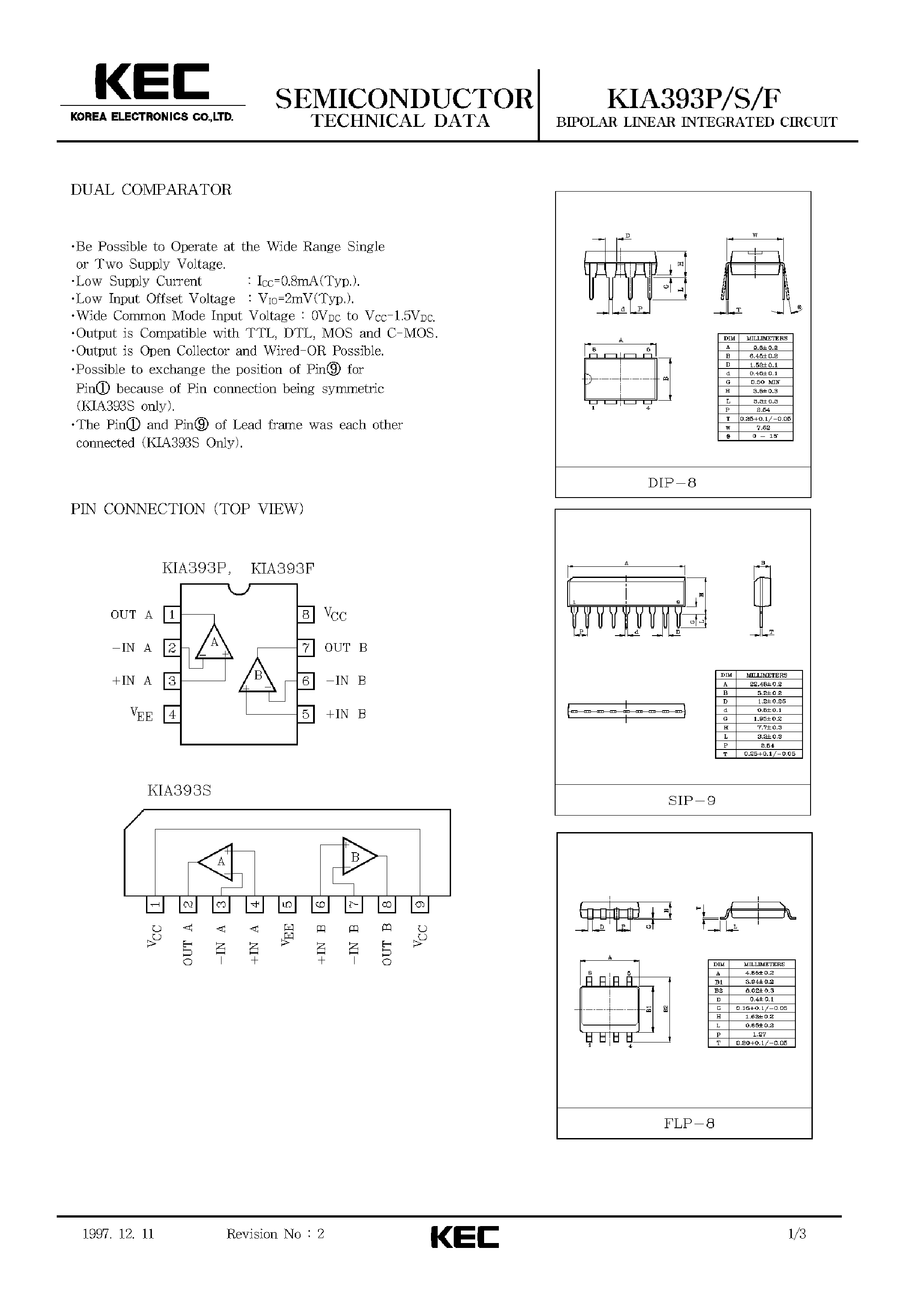 Datasheet KIA393P - BIPOLAR LINEAR INTEGRATED CIRCUIT (DUAL COMPARATOR) page 1