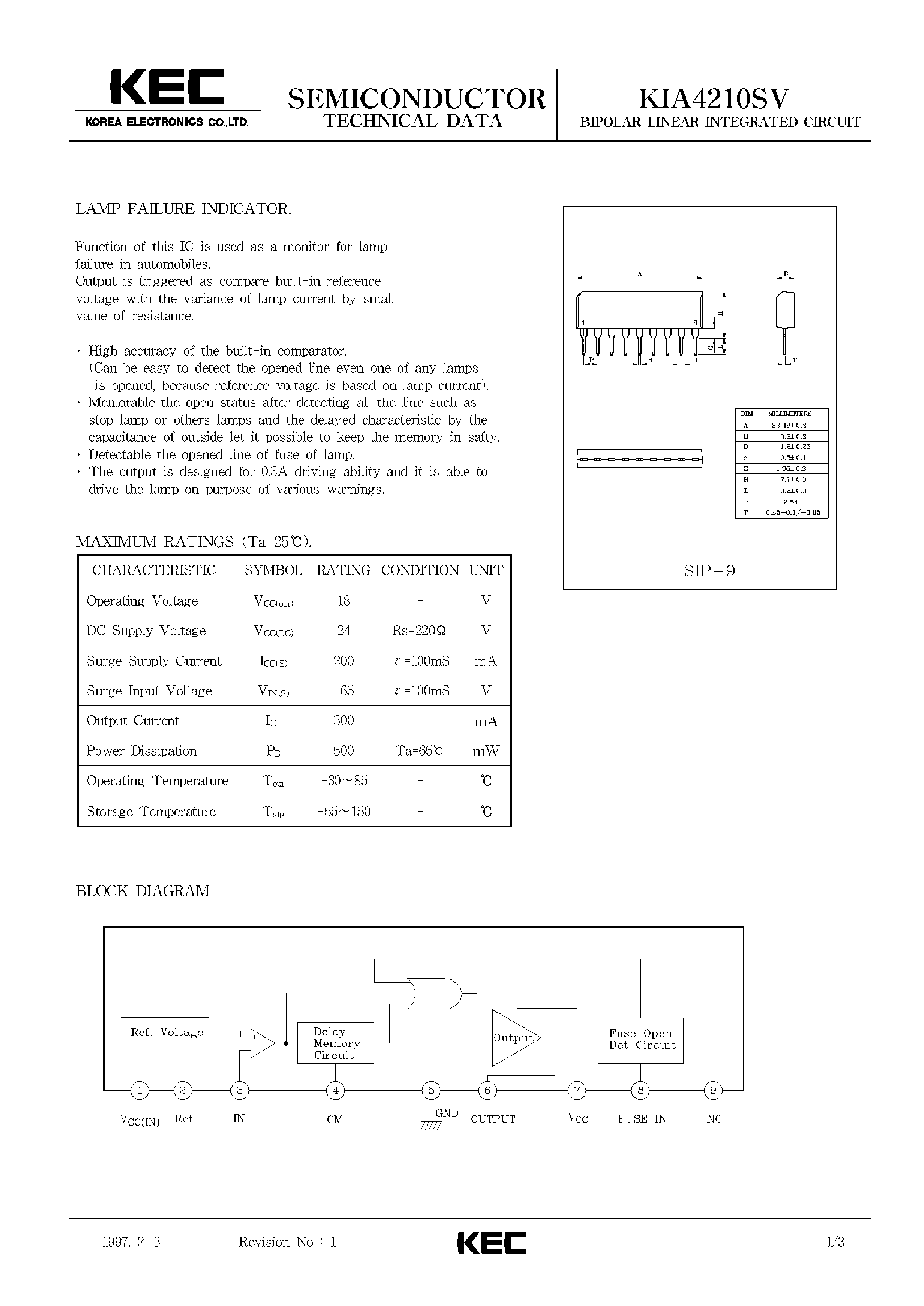 Datasheet KIA4210SV page 1 Datasheet KIA4210SV - BIPOLAR LINEAR INTEGRATED CIRCUIT (LAMP FAILURE INDICATOR) page 1