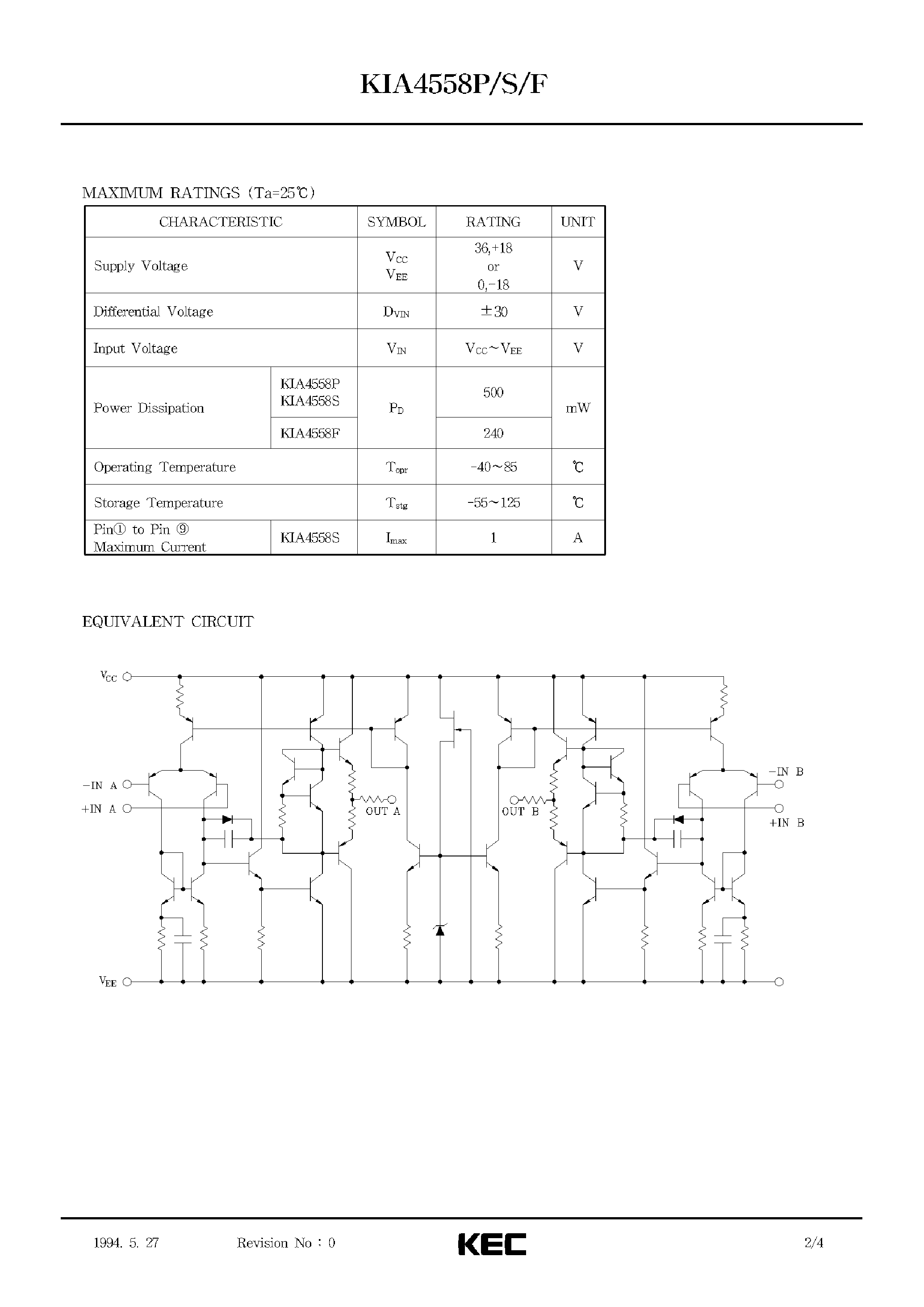 Datasheet KIA4558F - BIPOLAR LINEAR INTEGRATED CIRCUIT (DUAL LOW NOISE OPERATIONAL AMPLIFIER) page 2