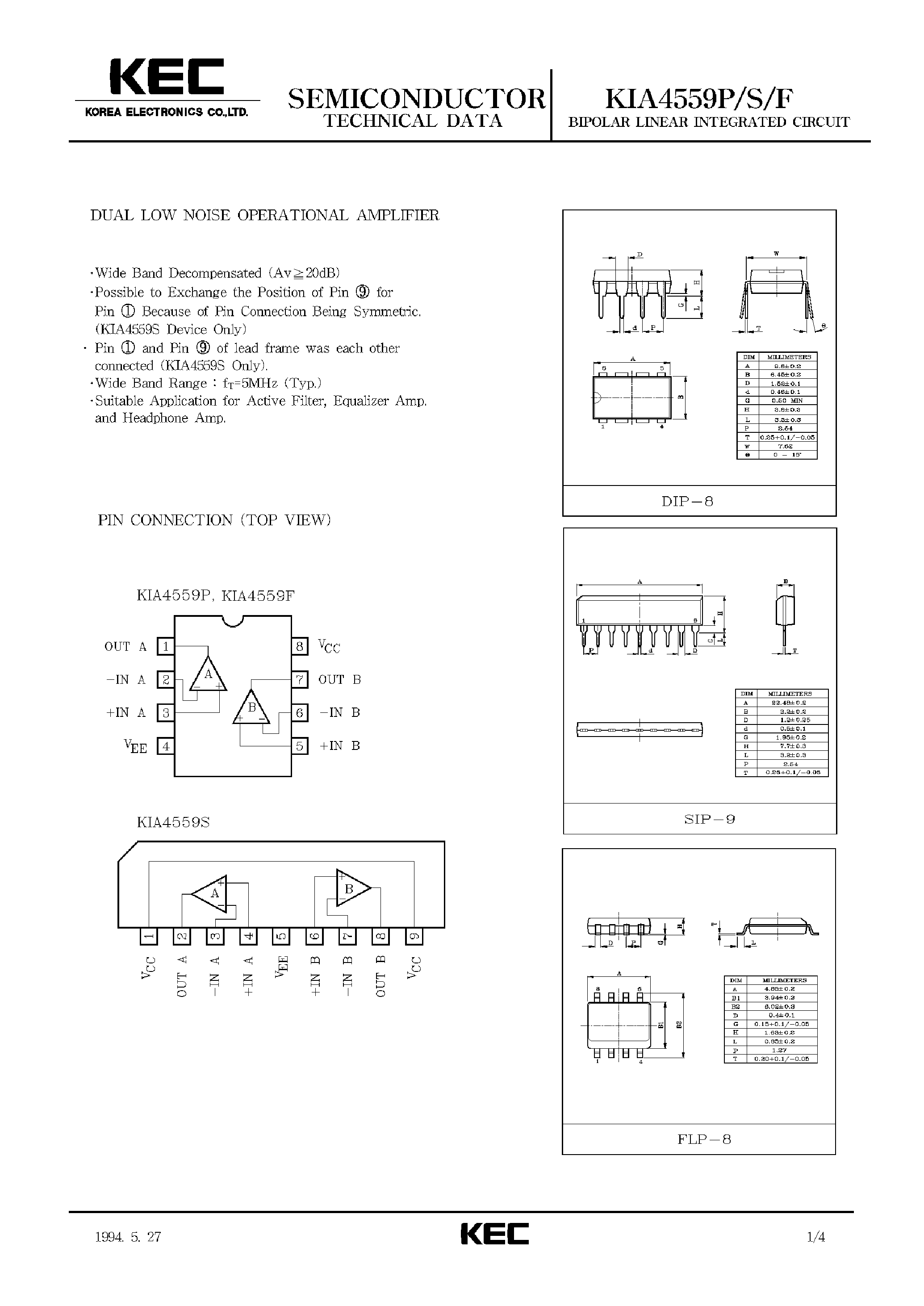 Datasheet KIA4559F - BIPOLAR LINEAR INTEGRATED CIRCUIT (DUAL LOW NOISE OPERATIONAL AMPLIFIER) page 1