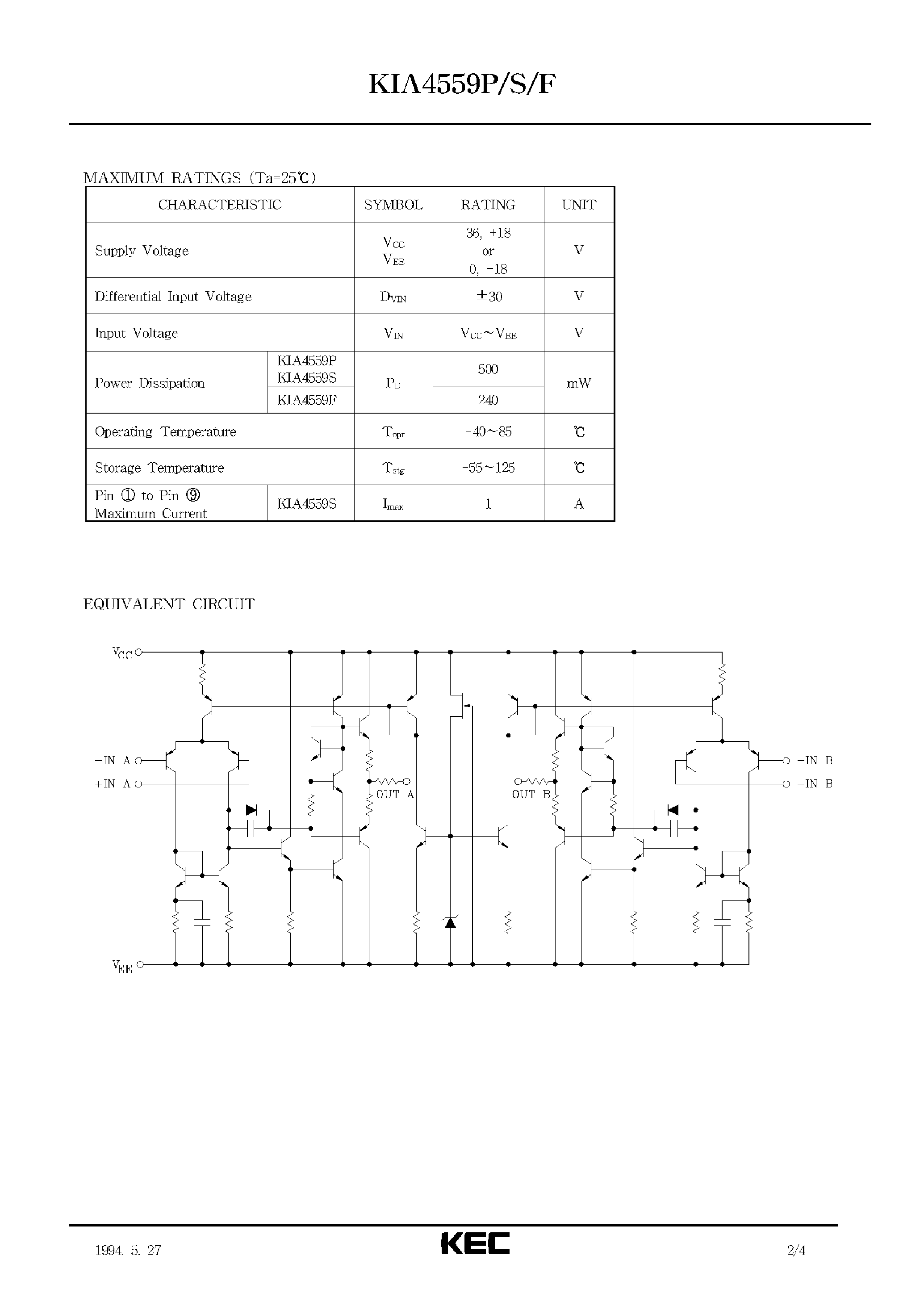 Datasheet KIA4559S - BIPOLAR LINEAR INTEGRATED CIRCUIT (DUAL LOW NOISE OPERATIONAL AMPLIFIER) page 2