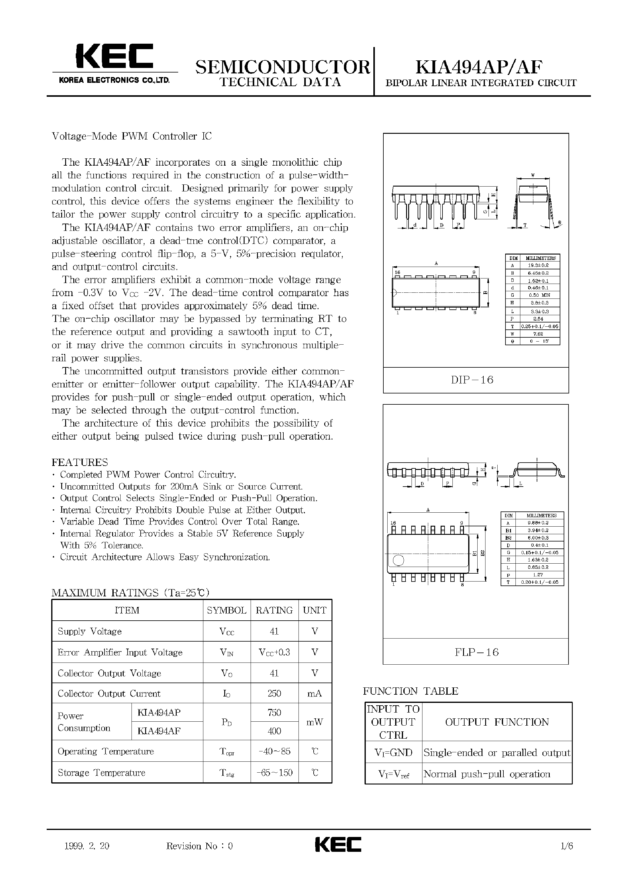 Datasheet KIA494AP - BIPOLAR LINEAR INTEGRATED CIRCUIT (VOLTAGE-MODE PWM CONTROLLER IC) page 1