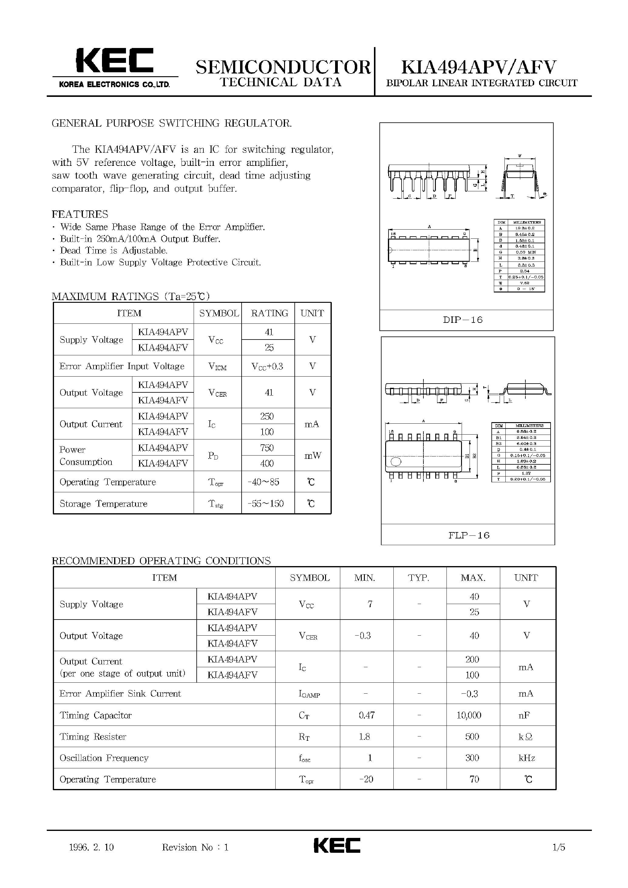 Datasheet KIA494APV - BIPOLAR LINEAR INTEGRATED CIRCUIT (GENERAL PURPOSE SWITCHING REGULATOR) page 1