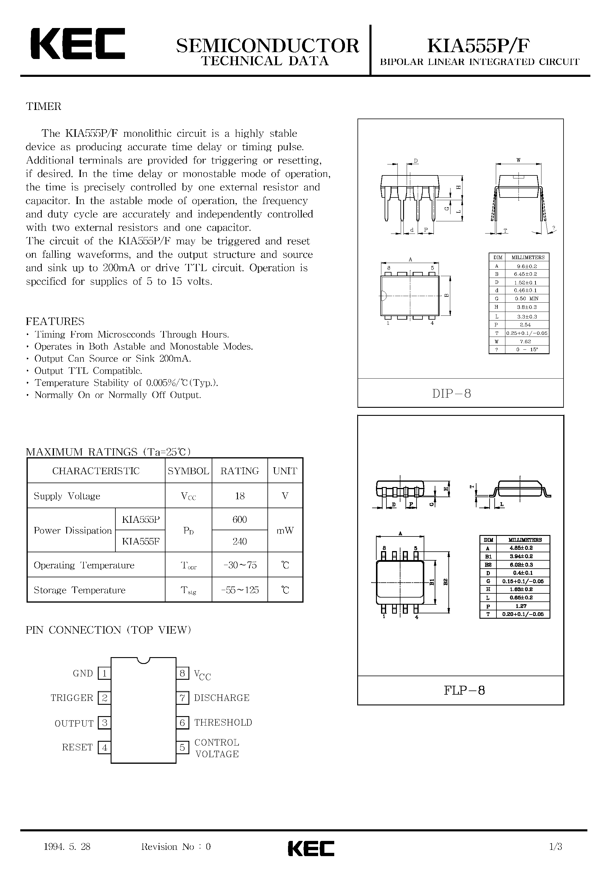 Datasheet KIA555P - BIPOLAR LINEAR INTEGRATED CIRCUIT (TIMER) page 1