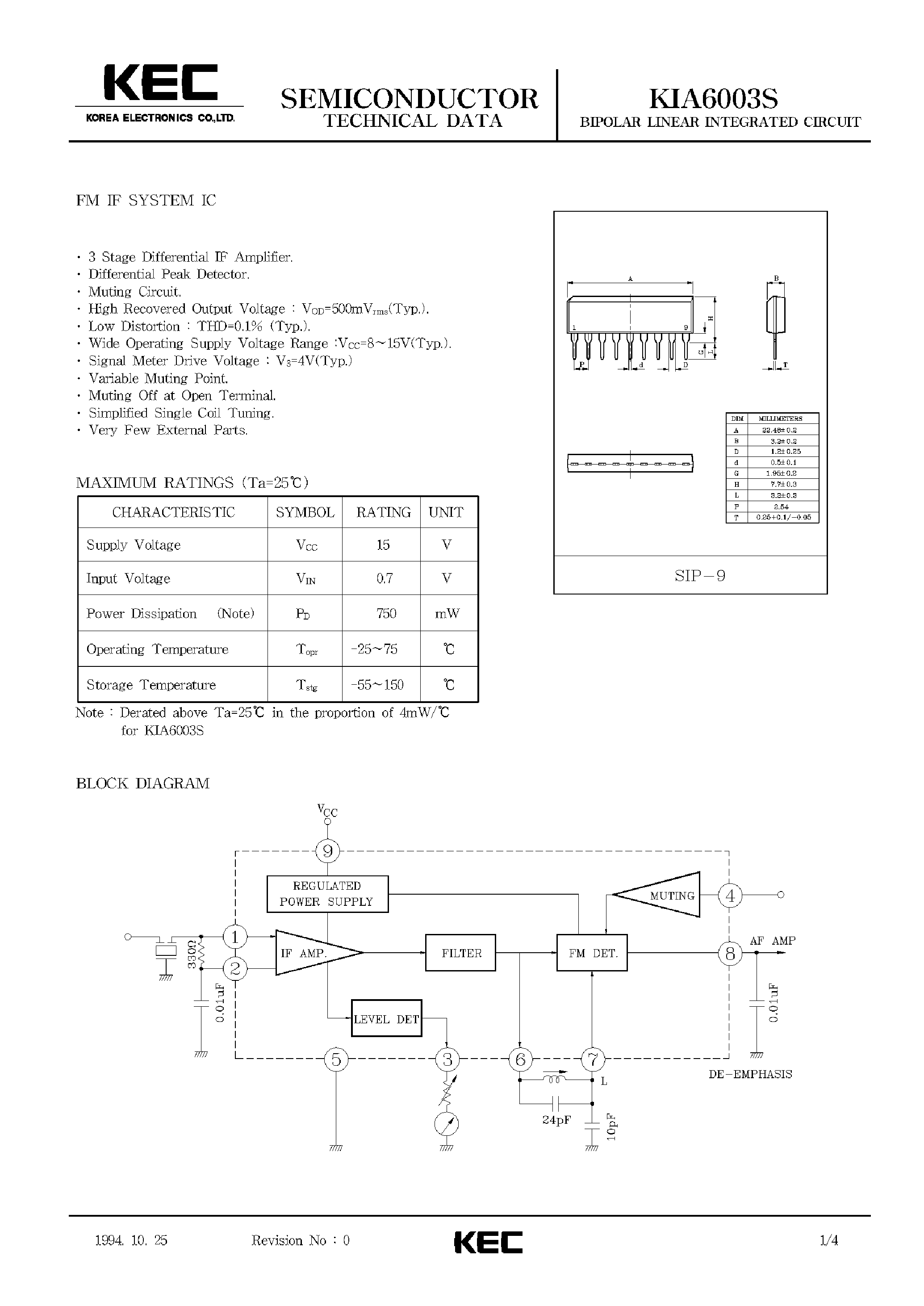 Datasheet KIA6003 - BIPOLAR LINEAR INTEGRATED CIRCUIT (FM IF SYSTEM IC) page 1