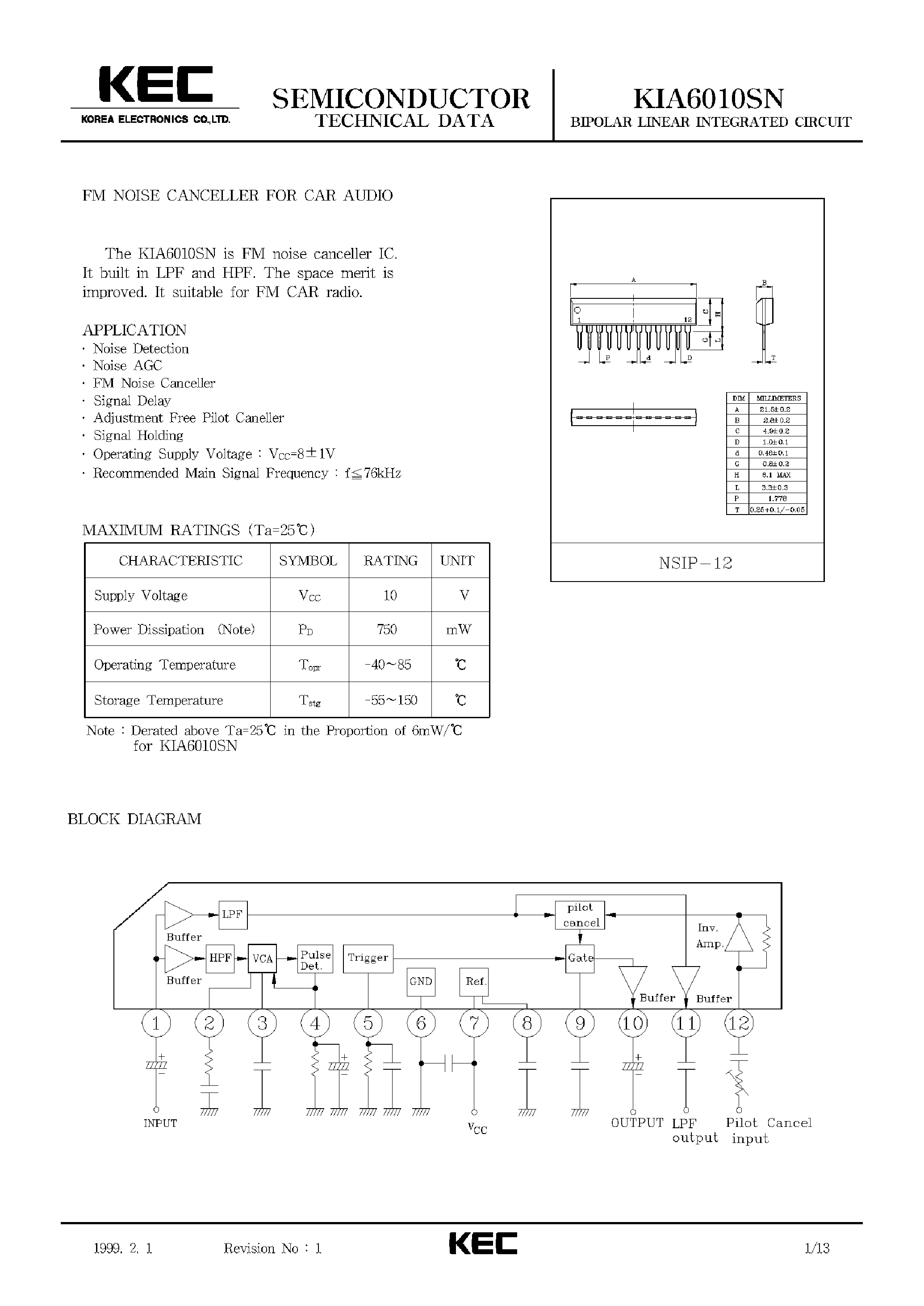 Datasheet KIA6010SN - BIPOLAR LINEAR INTEGRATED CIRCUIT (FM NOISE CANCELLER FOR CAR AUDIO) page 1