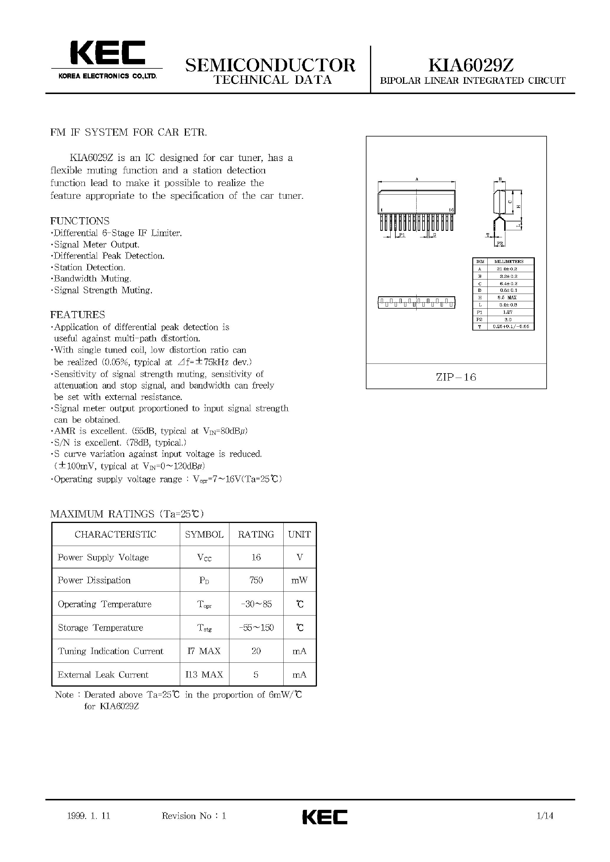 Datasheet KIA6029Z - BIPOLAR LINEAR INTEGRATED CIRCUIT (FM IF SYSTEM IC FOR CAR ETR) page 1