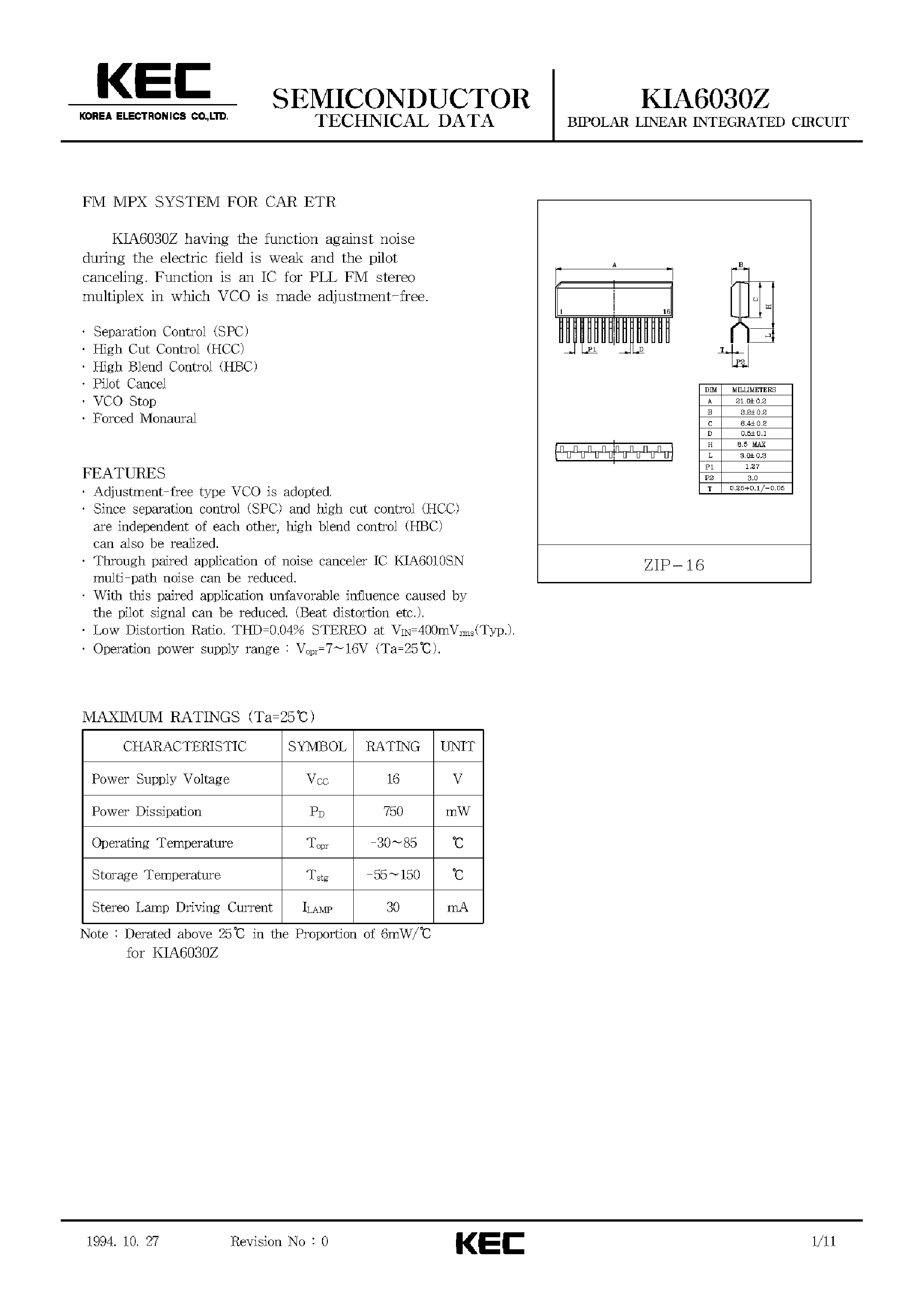 Datasheet KIA6030 - BIPOLAR LINEAR INTEGRATED CIRCUIT (FM MPX SYSTEM FOR CAR ETR) page 1