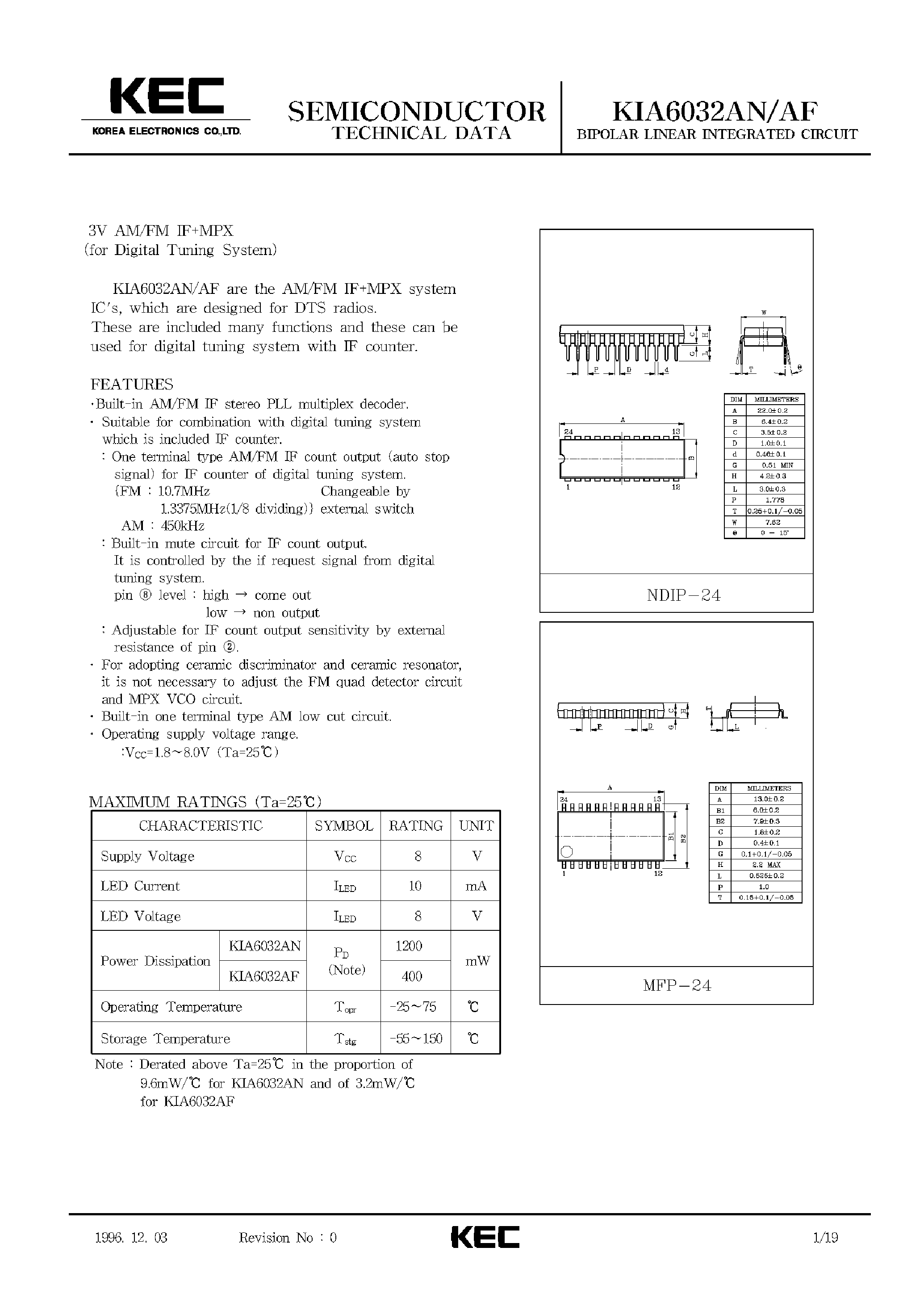 Datasheet KIA6032 page 1 Datasheet KIA6032 - BIPOLAR LINEAR INTEGRATED CIRCUIT (3V AM/FM IF-MPX) page 1
