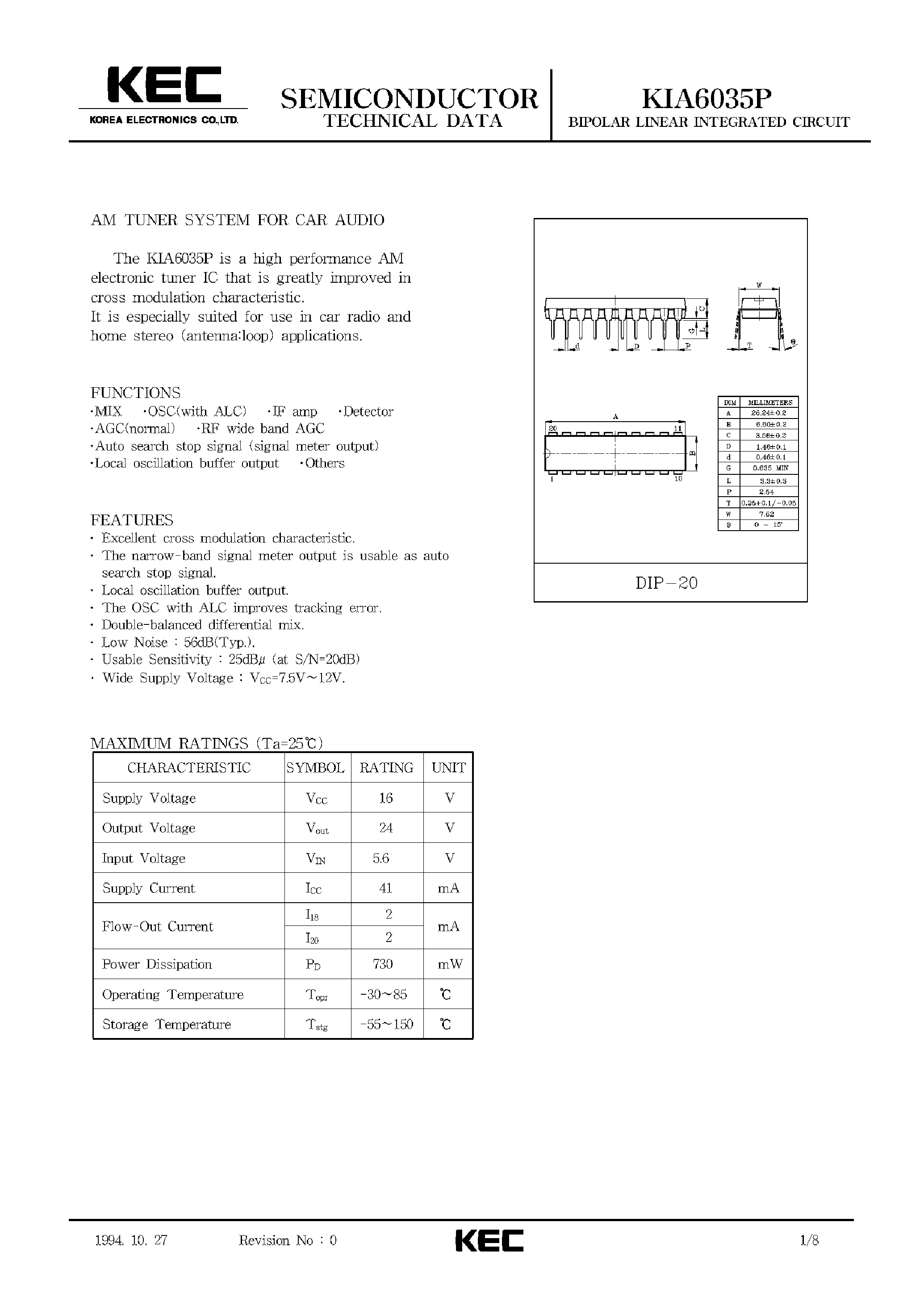 Datasheet KIA6035P page 1 Datasheet KIA6035P - BIPOLAR LINEAR INTEGRATED CIRCUIT (AM TUNER SYSTEM FOR CAR AUDIO) page 1