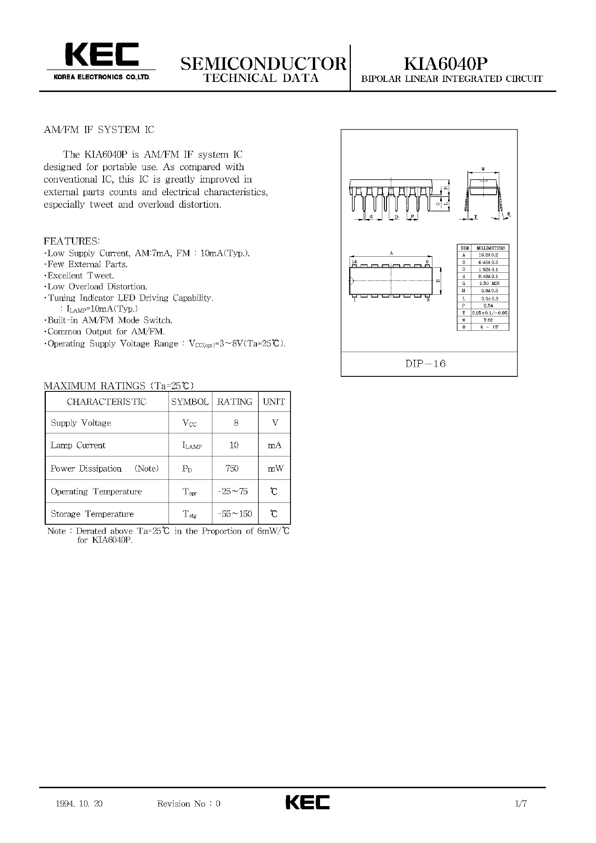 Datasheet KIA6040 - BIPOLAR LINEAR INTEGRATED CIRCUIT (AM/FM IF SYSTEM IC) page 1