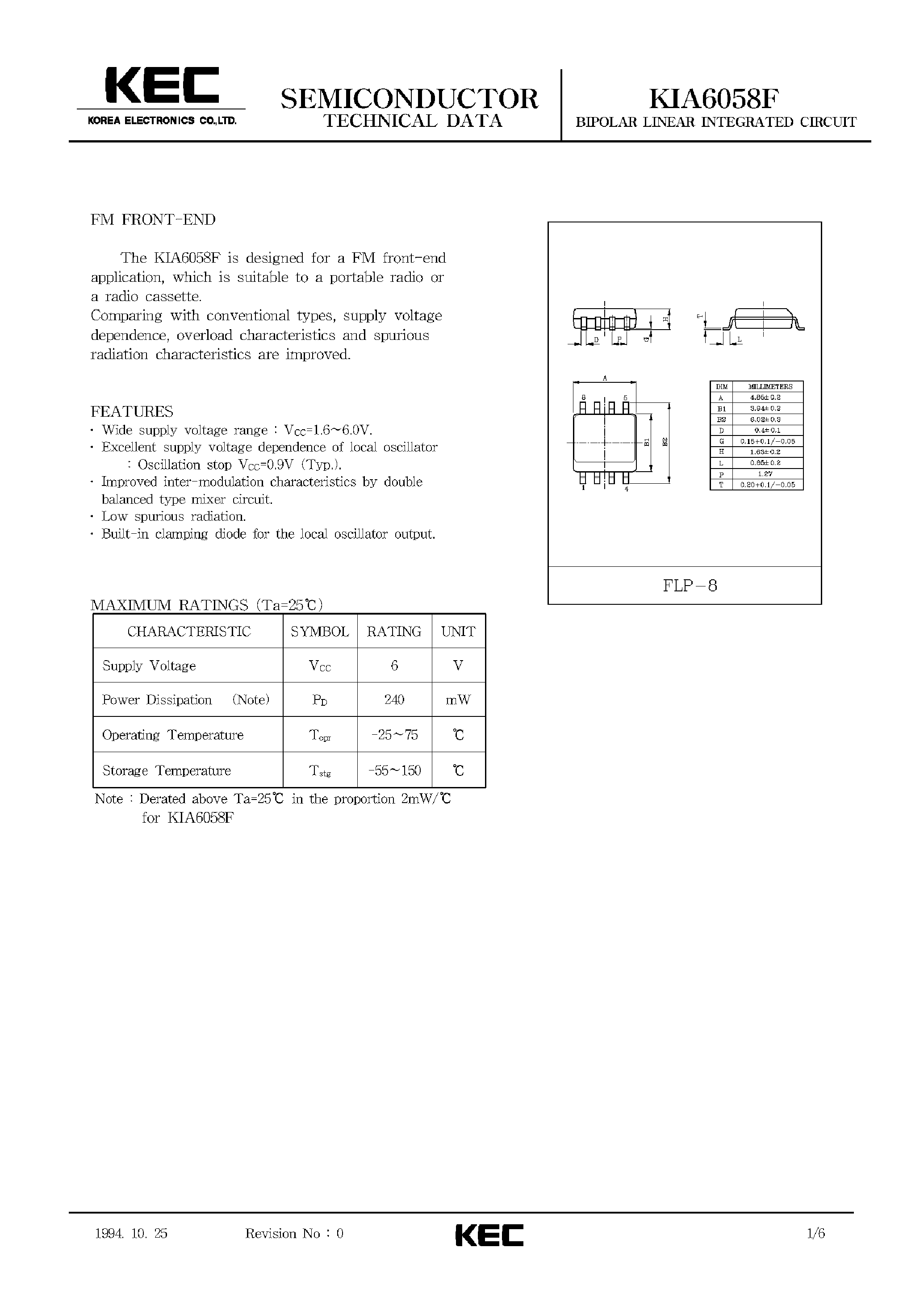 Datasheet KIA6058F - BIPOLAR LINEAR INTEGRATED CIRCUIT (FM FRONT-END) page 1