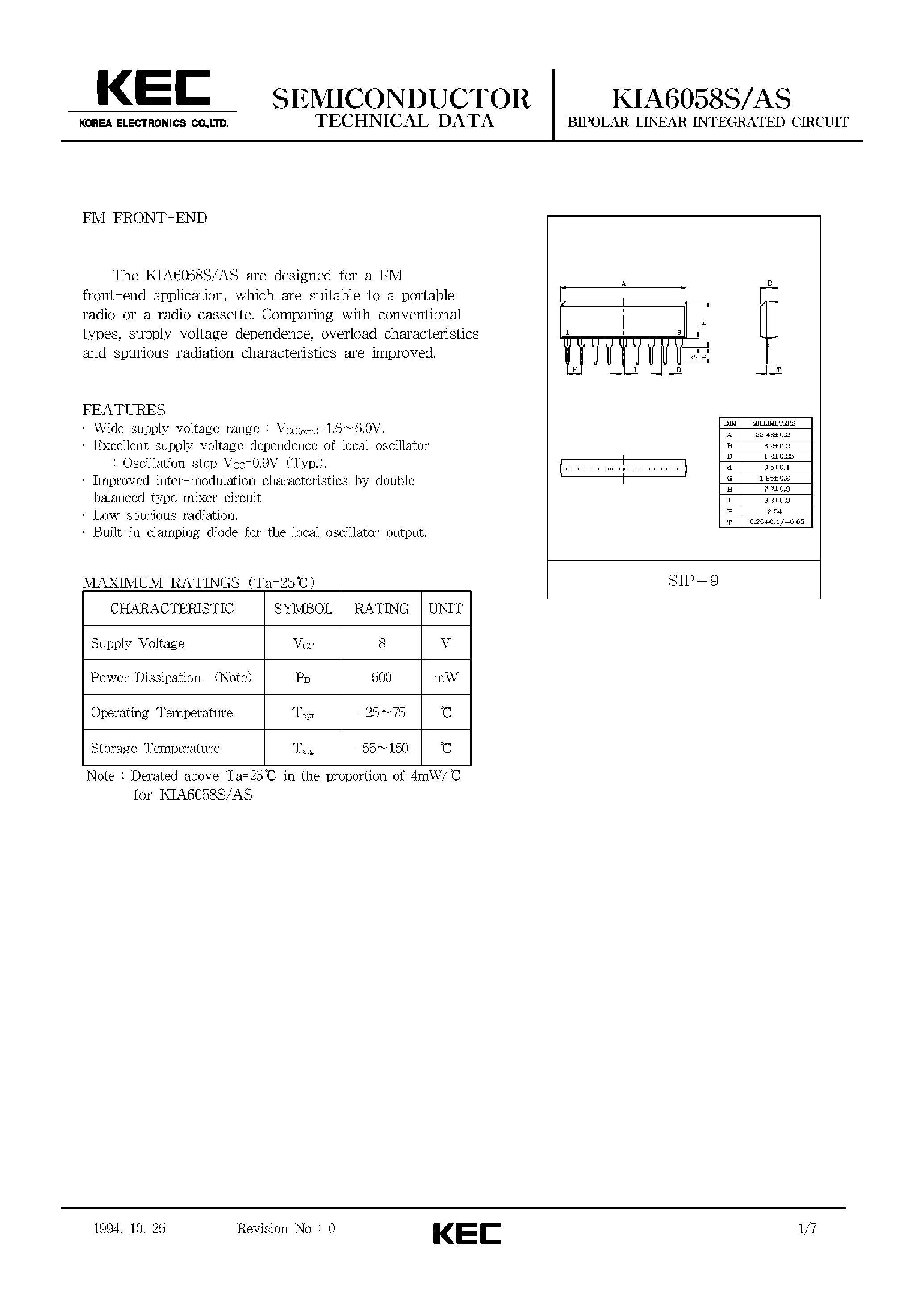 Datasheet KIA6058S - BIPOLAR LINEAR INTEGRATED CIRCUIT (FM FRONT-END) page 1