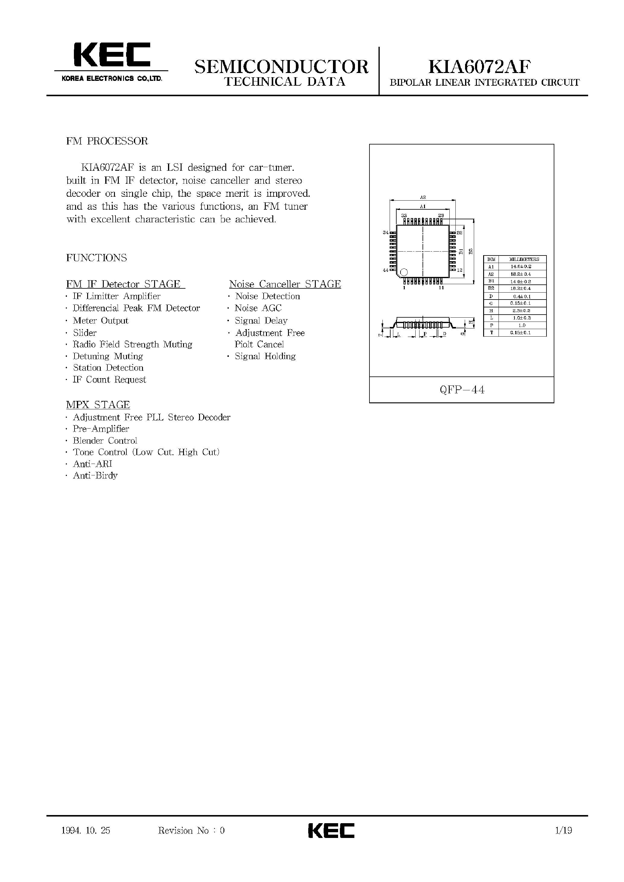 Datasheet KIA6072F page 1 Datasheet KIA6072F - BIPOLAR LINEAR INTEGRATED CIRCUIT (FM PROCESSOR) page 1