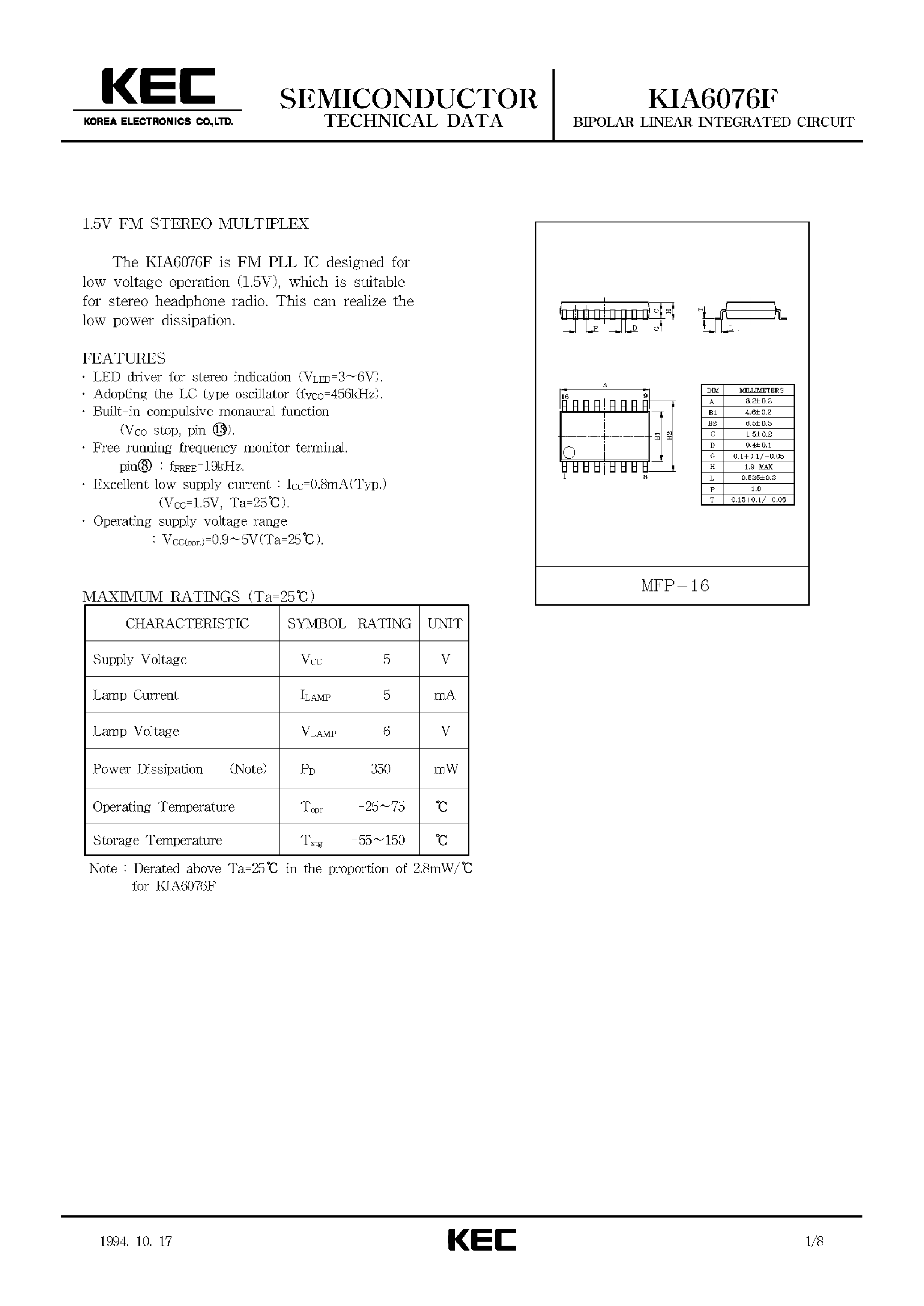 Datasheet KIA6076F - BIPOLAR LINEAR INTEGRATED CIRCUIT (1.5V FM STEREO MULTIPLEX) page 1