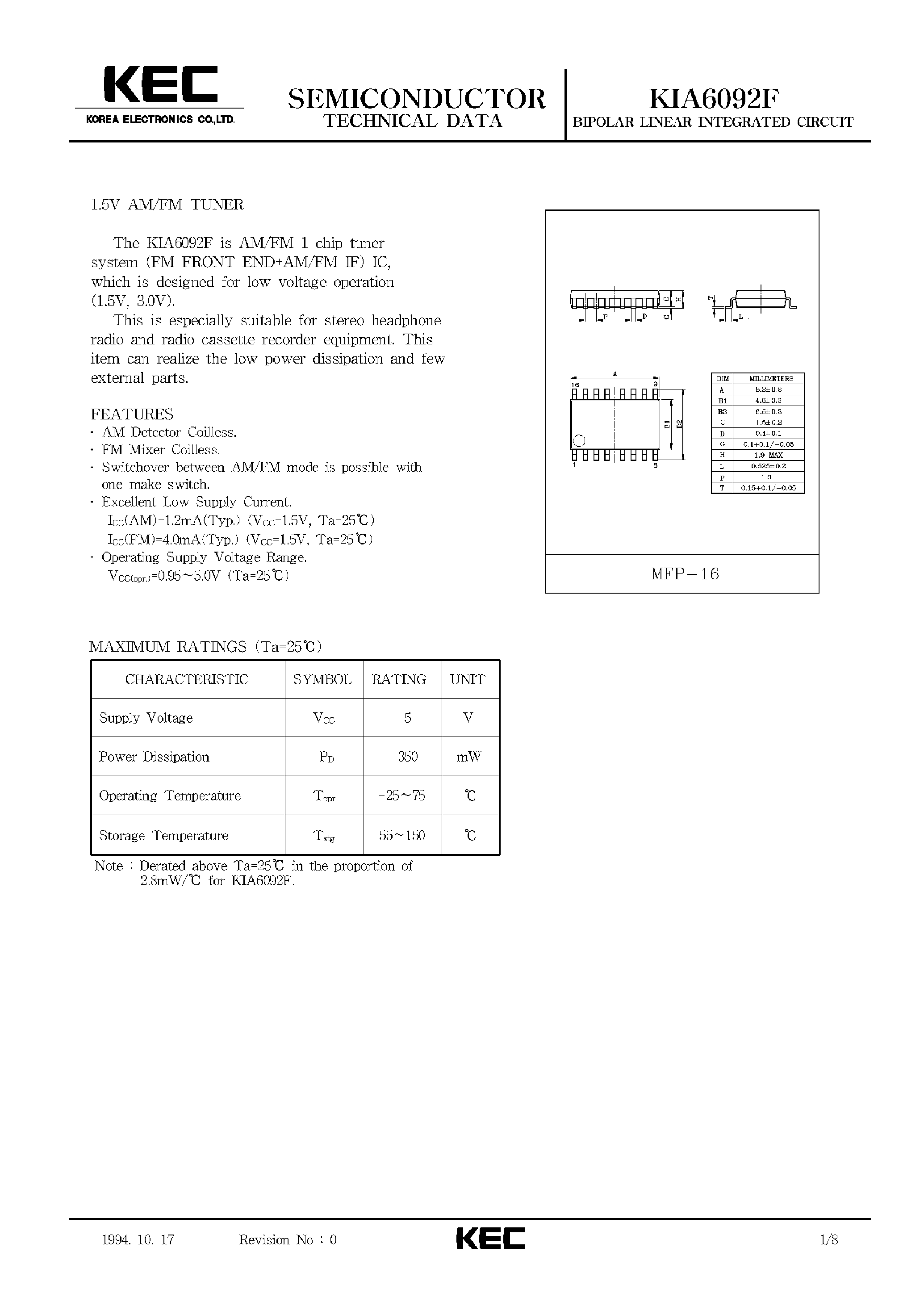 Datasheet KIA6092F page 1 Datasheet KIA6092F - BIPOLAR LINEAR INTEGRATED CIRCUIT (1.5V AM/FM TUNER) page 1
