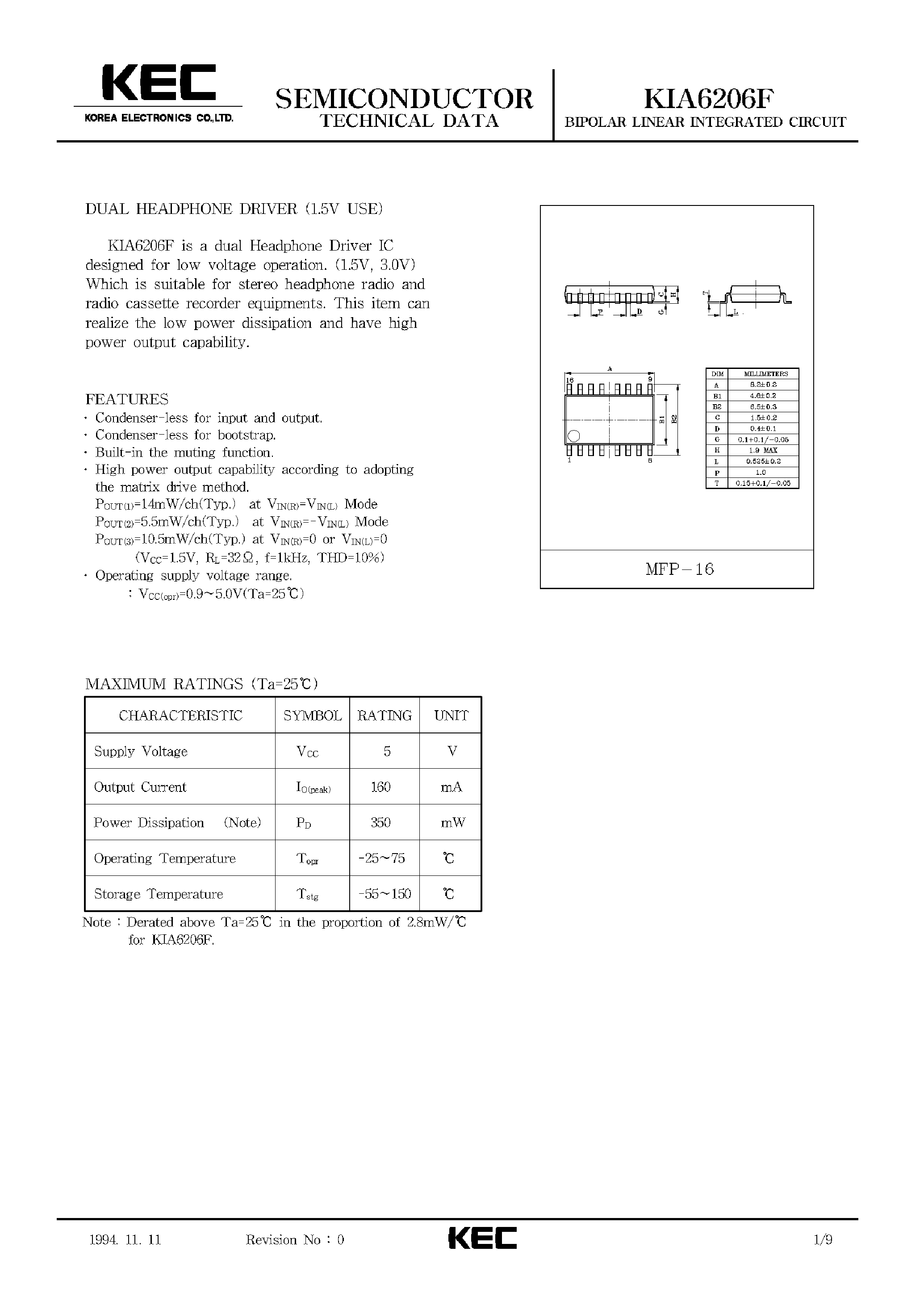 Datasheet KIA6206F page 1 Datasheet KIA6206F - BIPOLAR LINEAR INTEGRATED CIRCUIT (DUAL HEADPHONE DRIVER (1.5V USE) page 1