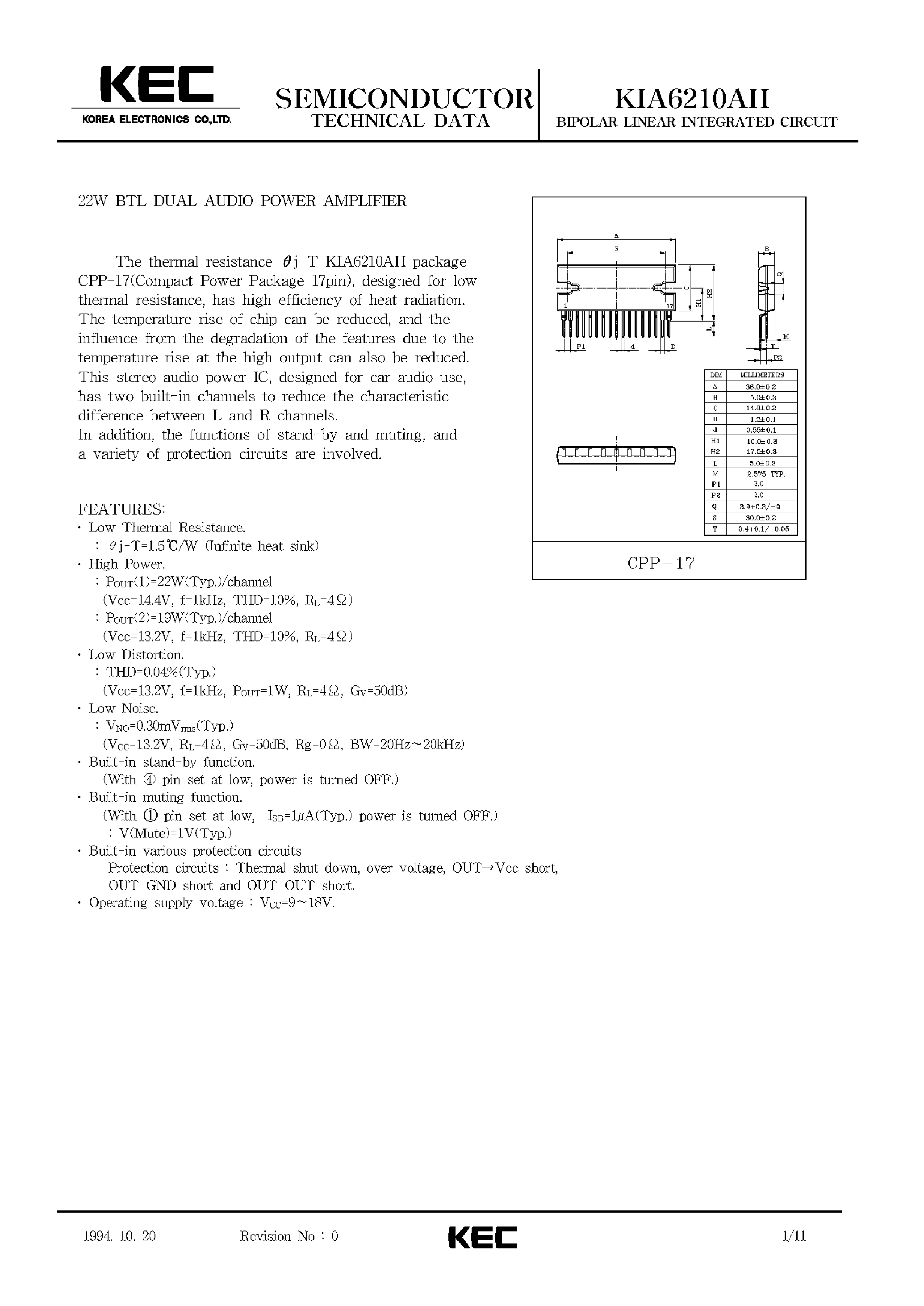 Datasheet KIA6210AH page 1 Datasheet KIA6210AH - 22W BTL DUAL AUDIO POWER AMPLIFIER page 1