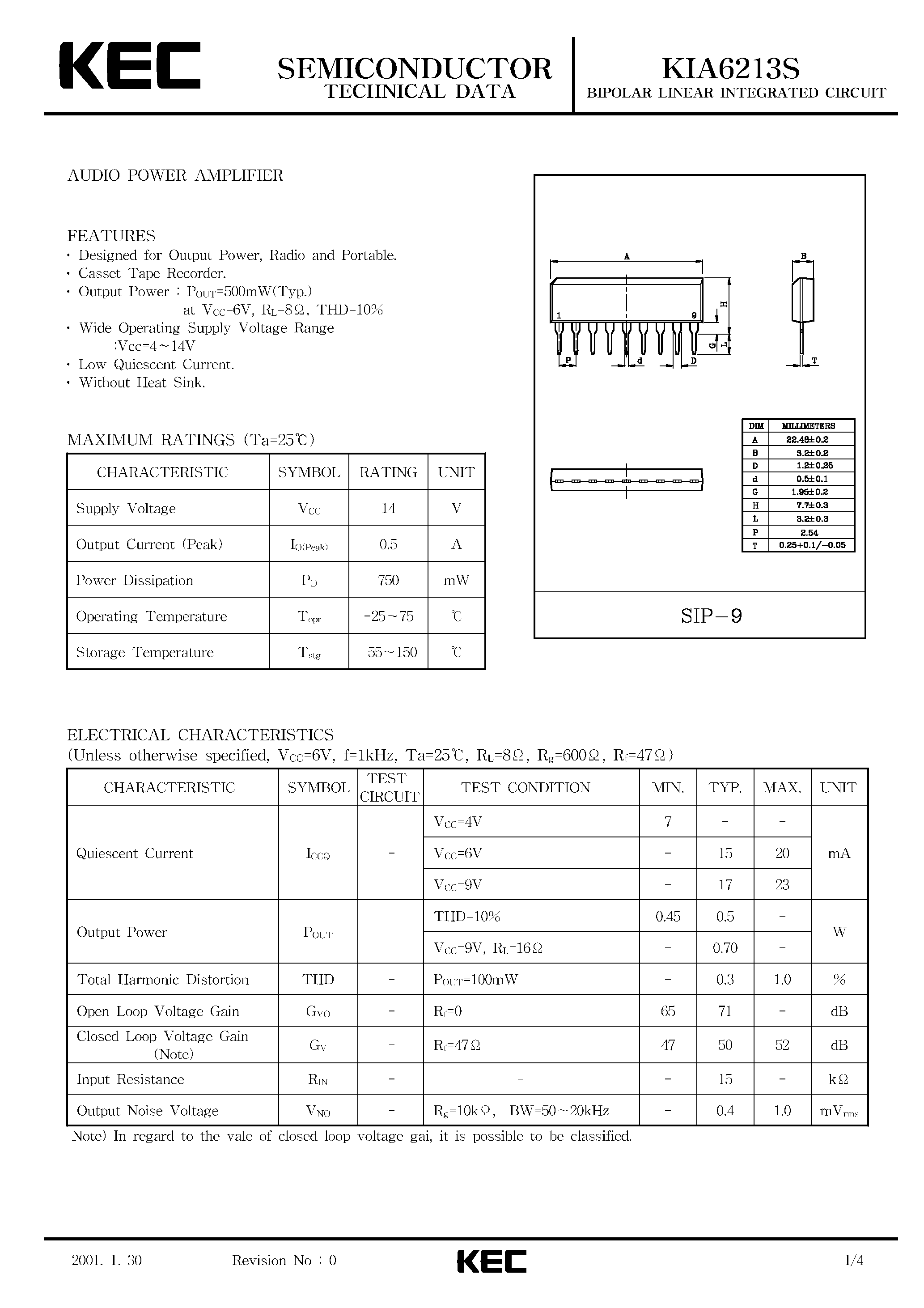Даташит KIA6213S - BIPOLAR LINEAR INTEGRATED CIRCUIT (AUDIO POWER AMPLIFIER) страница 1