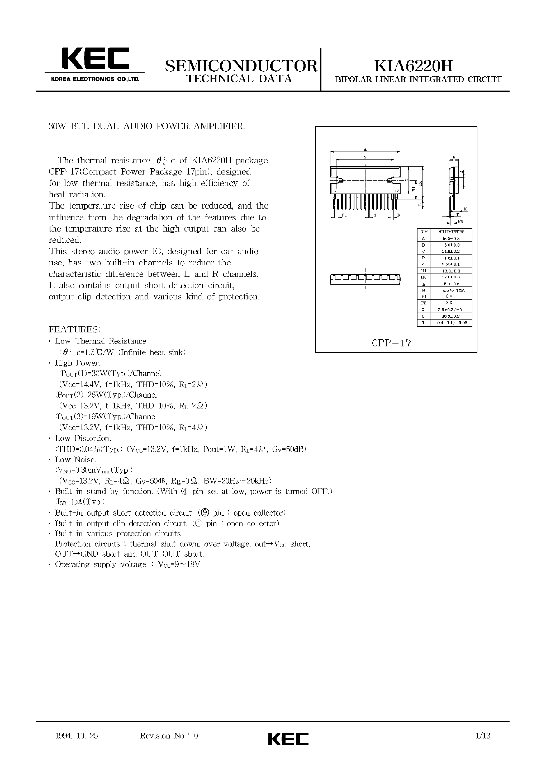 Datasheet KIA6220H - BIPOLAR LINEAR INTEGRATED CIRCUIT (30W BTL DUAL AUDIO POWER AMPLIFIER) page 1