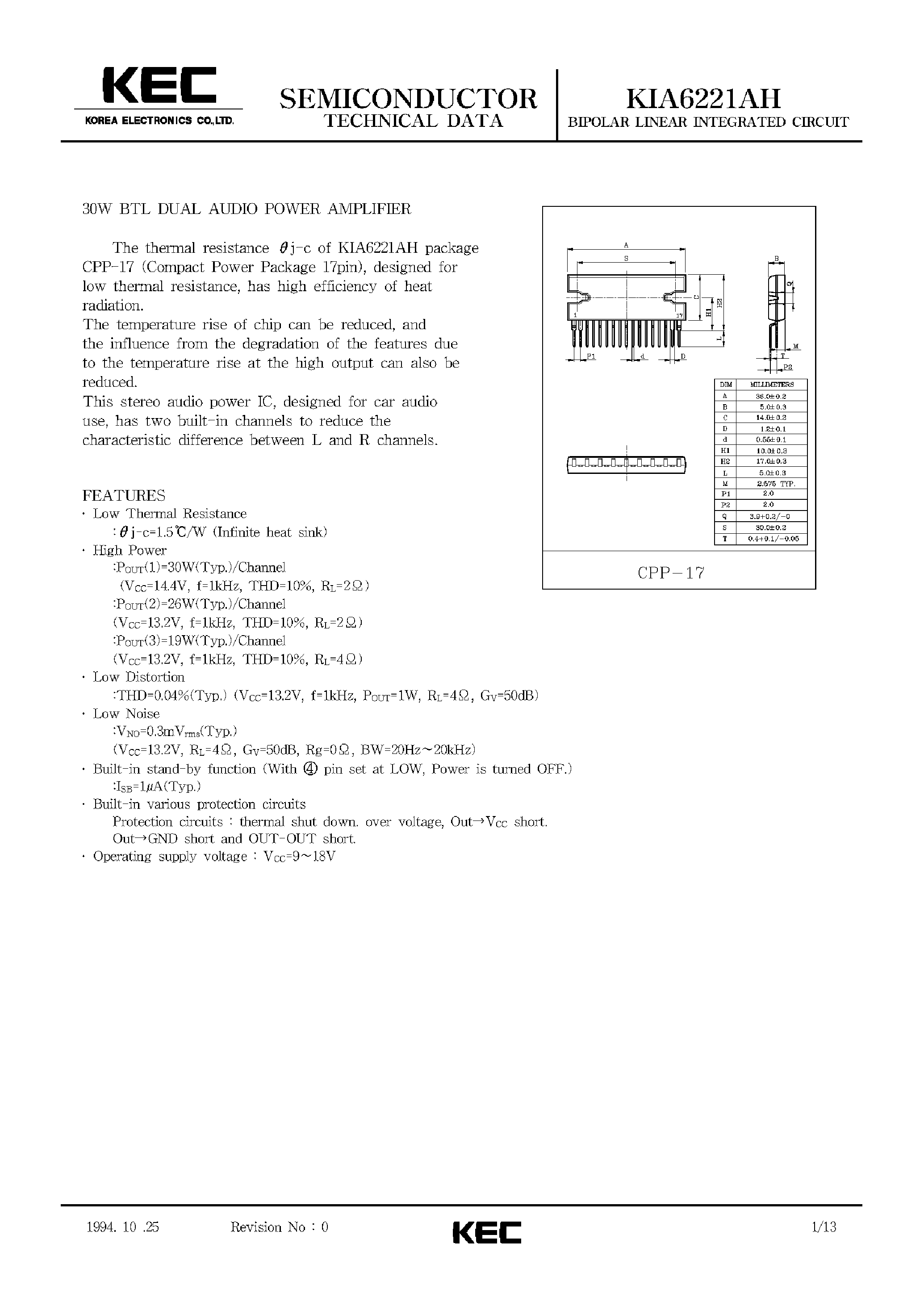 Datasheet KIA6221AH - BIPOLAR LINEAR INTEGRATED CIRCUIT (30W BTL DUAL AUDIO POWER AMPLIFIER) page 1