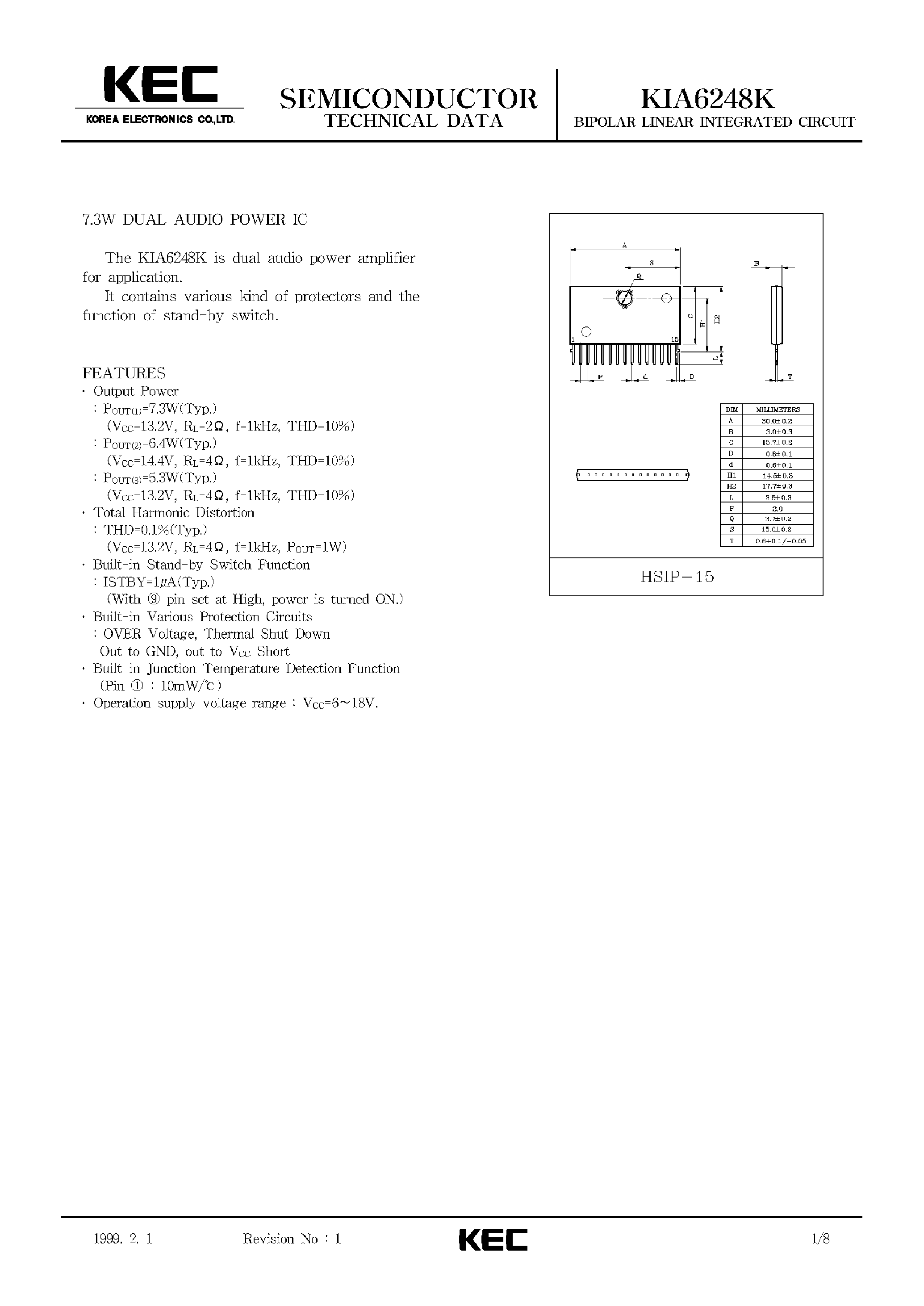 Datasheet KIA6248K - BIPOLAR LINEAR INTEGRATED CIRCUIT (7.3W DUAL AUDIO POWER IC) page 1
