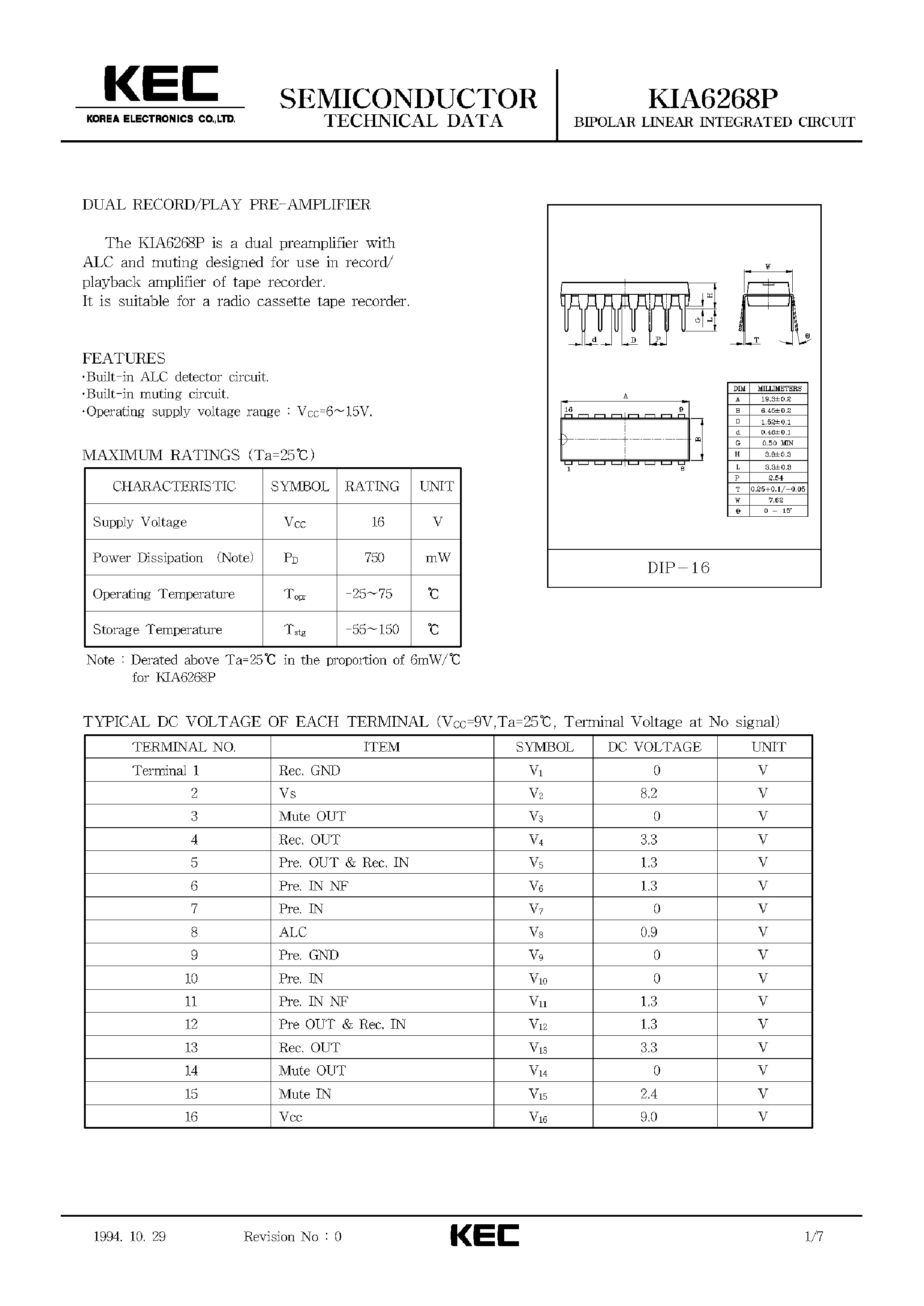 Datasheet KIA6268P - BIPOLAR LINEAR INTEGRATED CIRCUIT (DUAL RECORD/PLAY PRE-AMPLIFIER) page 1