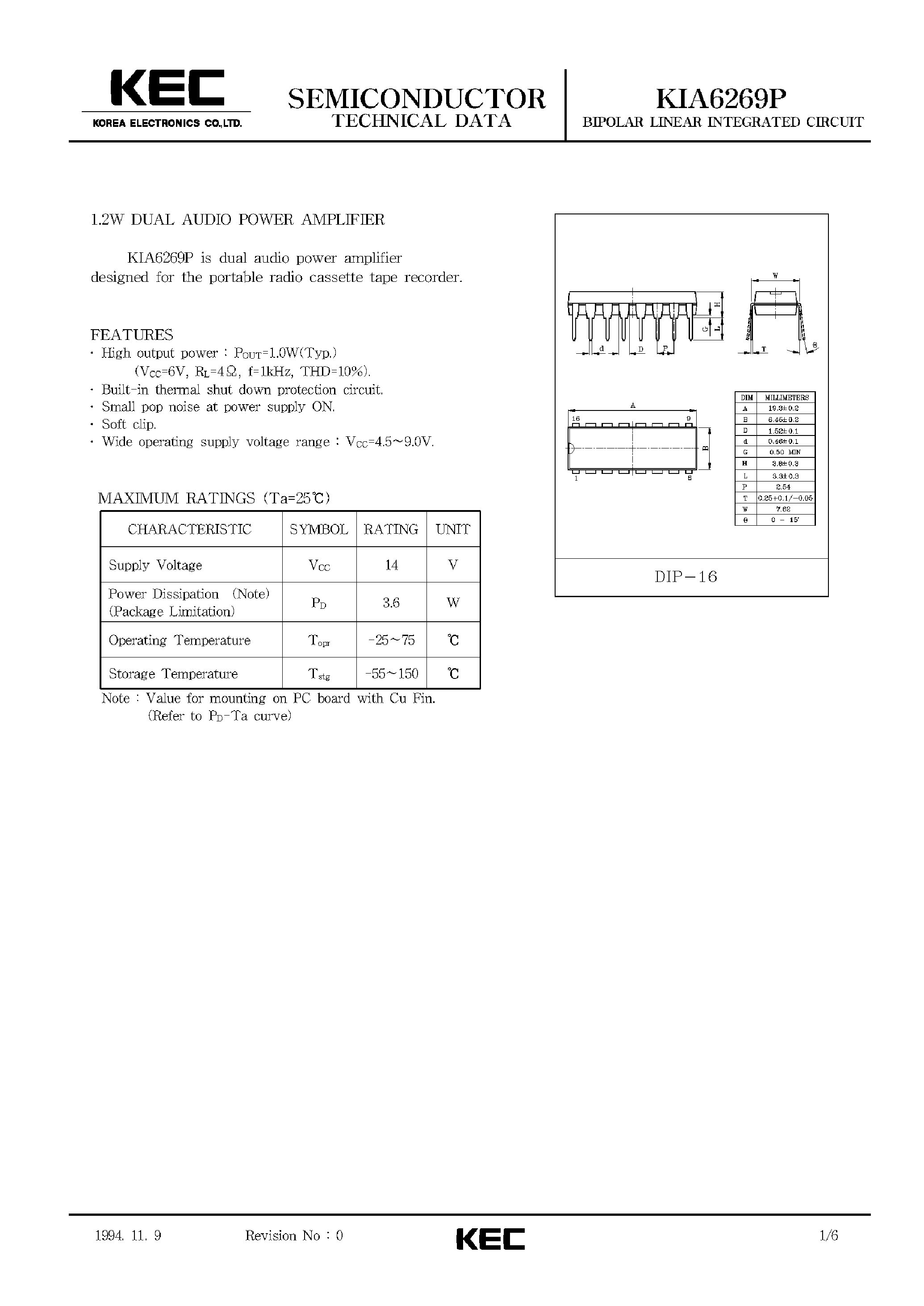 Datasheet KIA6269P page 1 Datasheet KIA6269P - BIPOLAR LINEAR INTEGRATED CIRCUIT (1.2W DUAL AUDIO POWER AMPLIFIER) page 1