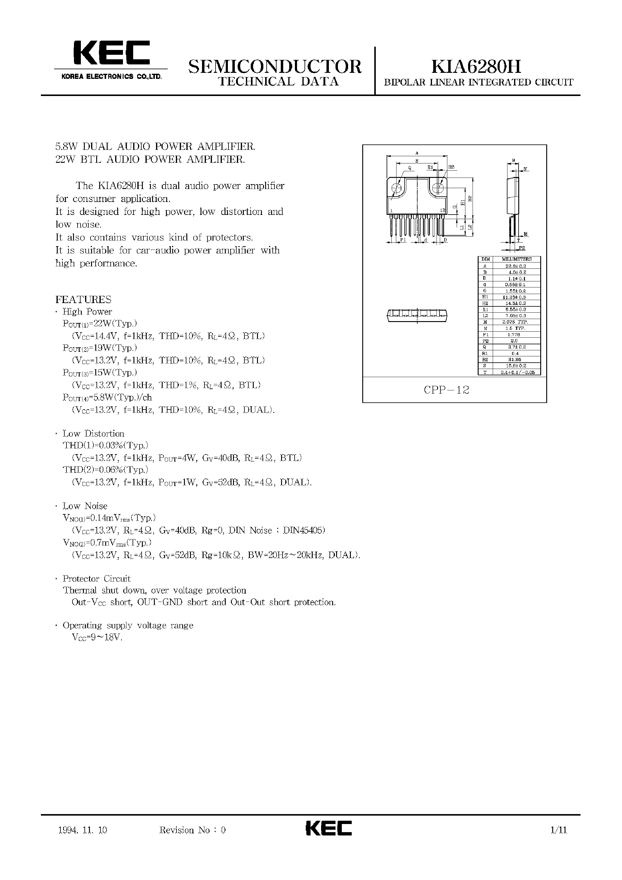 Datasheet KIA6280H page 1 Datasheet KIA6280H - BIPOLAR LINEAR INTEGRATED CIRCUIT (5.8W DUAL AUDIO POWER AMPLIFIER 22W BTL AUDIO POWER AMPLIFIER) page 1