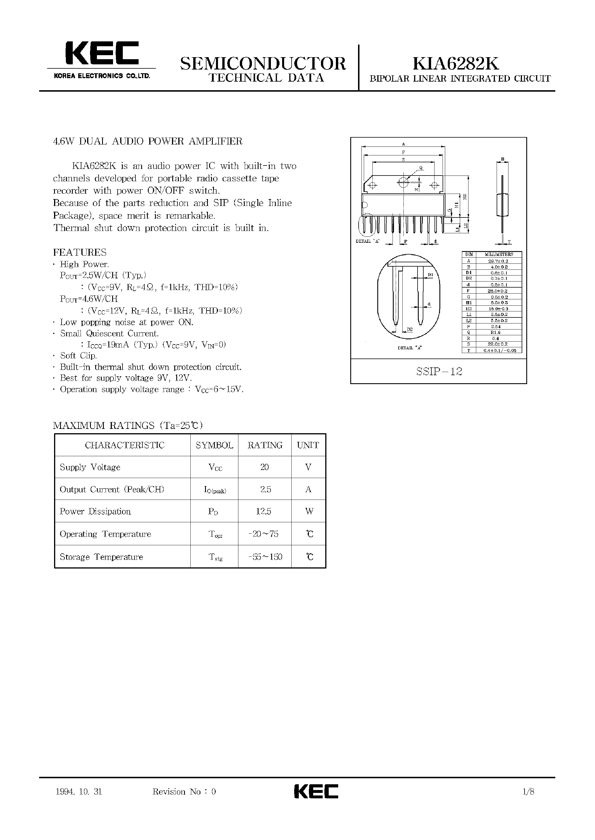 Datasheet KIA6282K - BIPOLAR LINEAR INTEGRATED CIRCUIT (4.6W DUAL AUDIO POWER AMPLIFIER) page 1