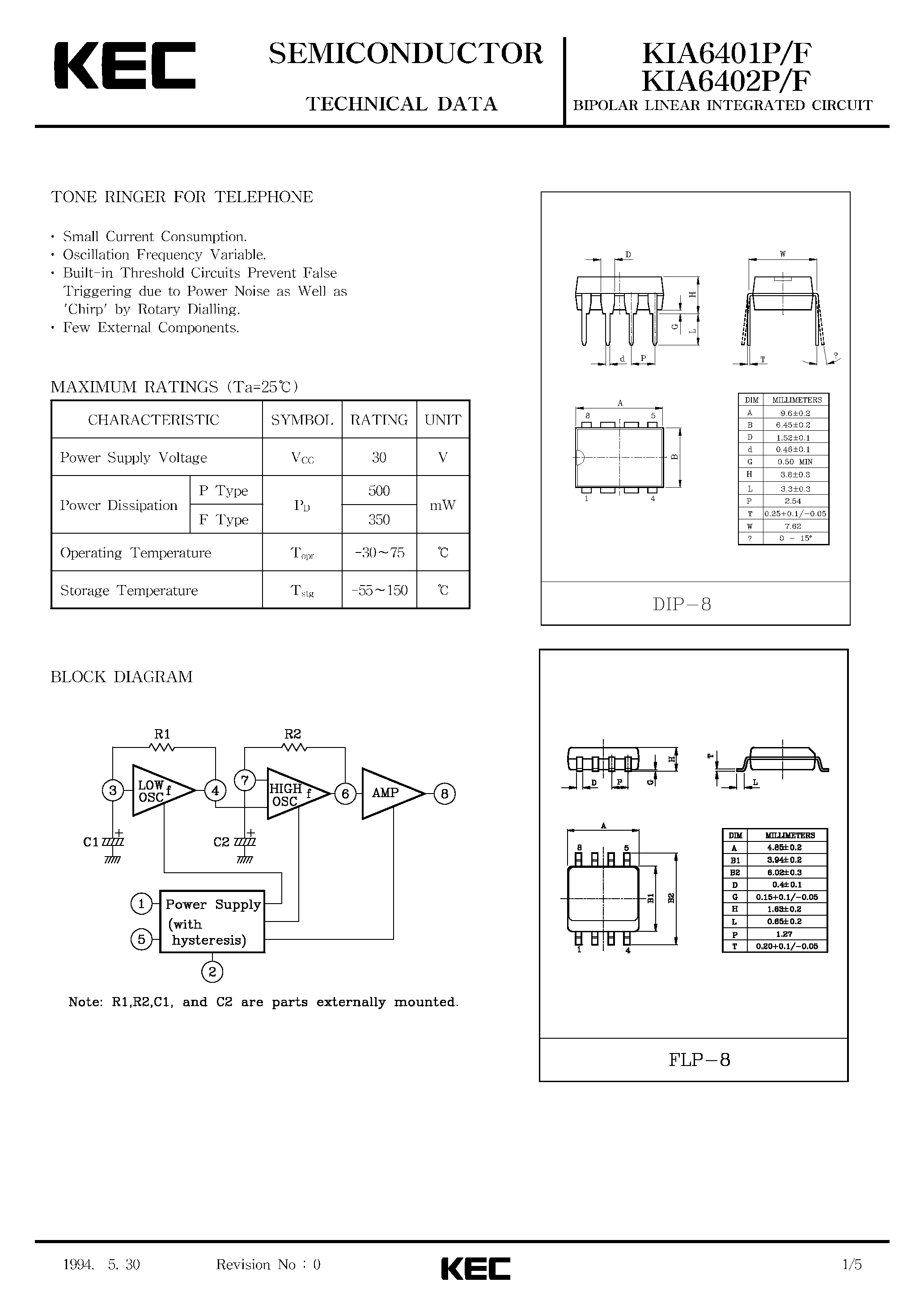 Datasheet KIA6401F - BIPOLAR LINEAR INTEGRATED CIRCUIT (TONE RINGER FOR TELE PHONE) page 1