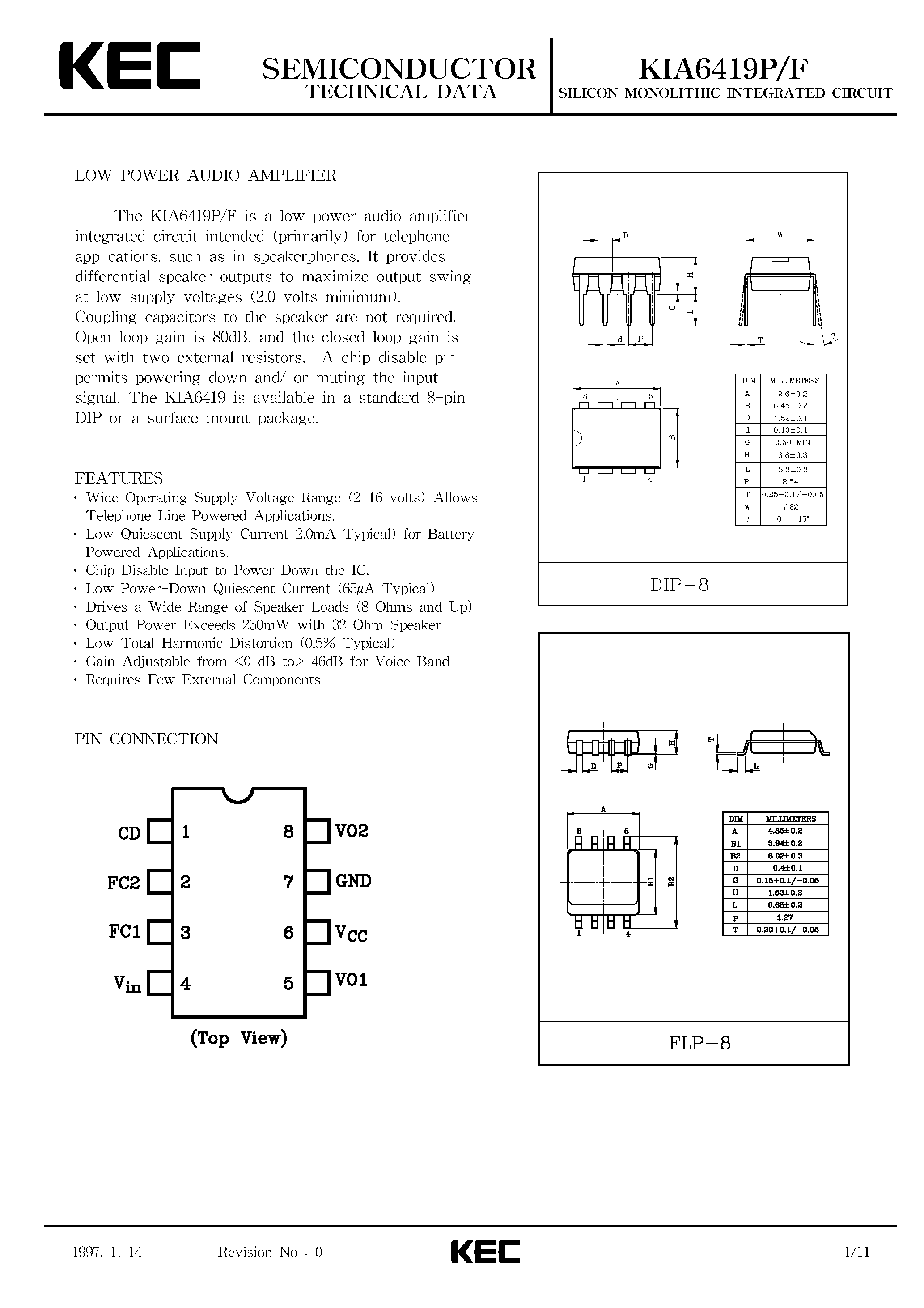 Datasheet KIA6419 - SILICON MONOLITHIC INTEGRATED CIRCUIT (LOW POWER AUDIO AMPLIFIER) page 1