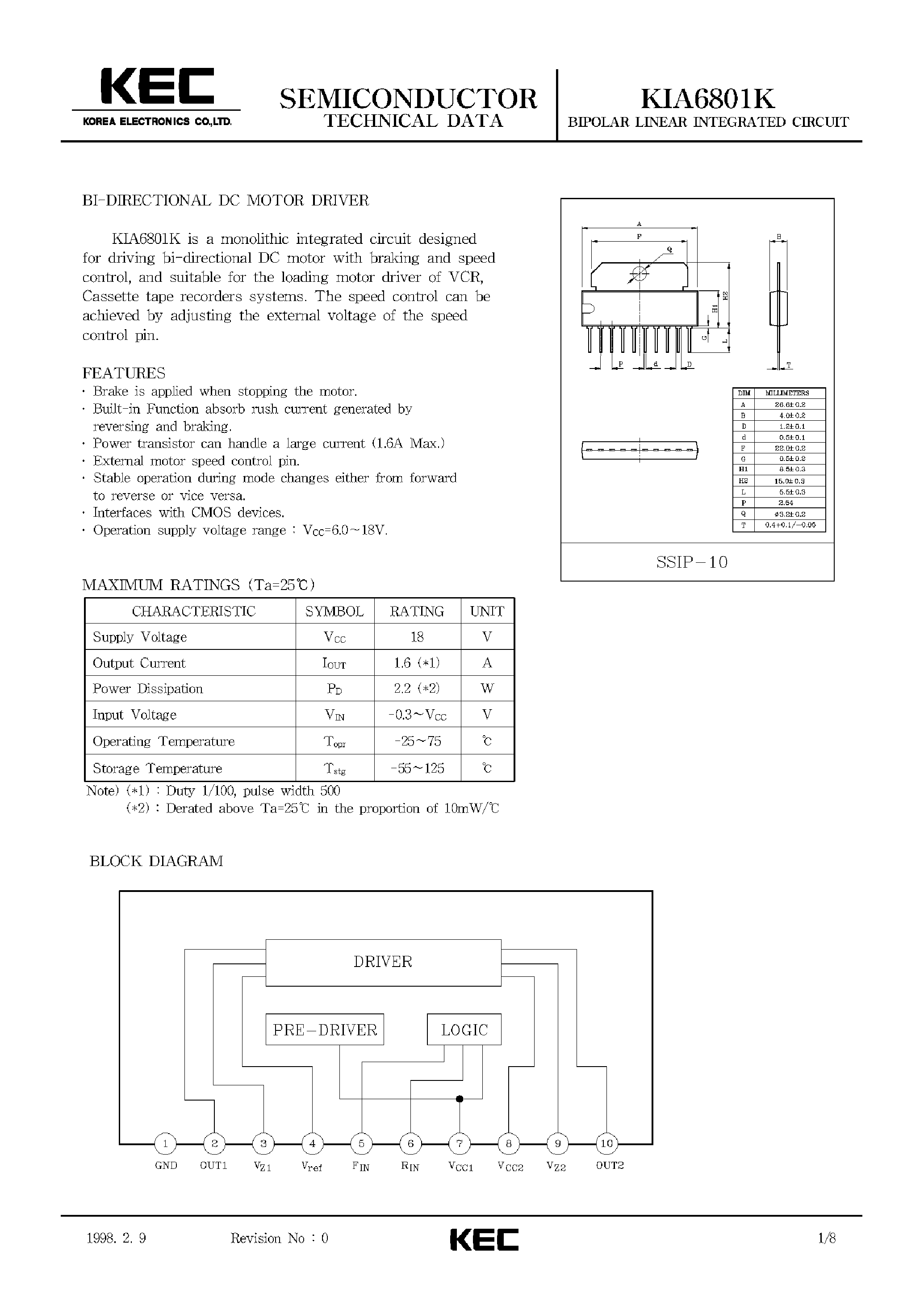 Datasheet KIA6801K page 1 Datasheet KIA6801K - BIPOLAR LINEAR INTEGRATED CIRCUIT (BI-DIRECTIONAL DC MOTOR DRIVER) page 1