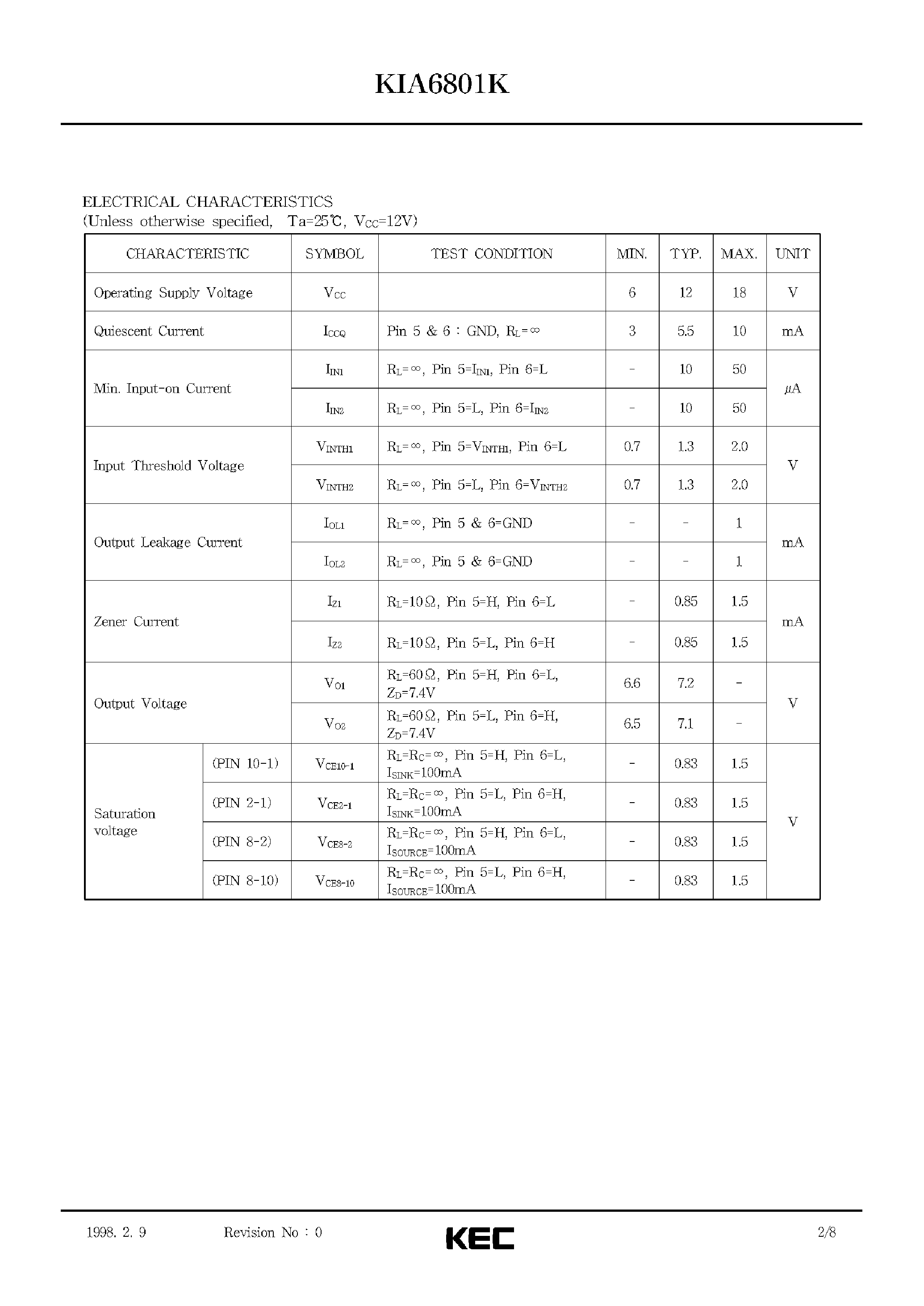 Datasheet KIA6801K page 2 Datasheet KIA6801K - BIPOLAR LINEAR INTEGRATED CIRCUIT (BI-DIRECTIONAL DC MOTOR DRIVER) page 2