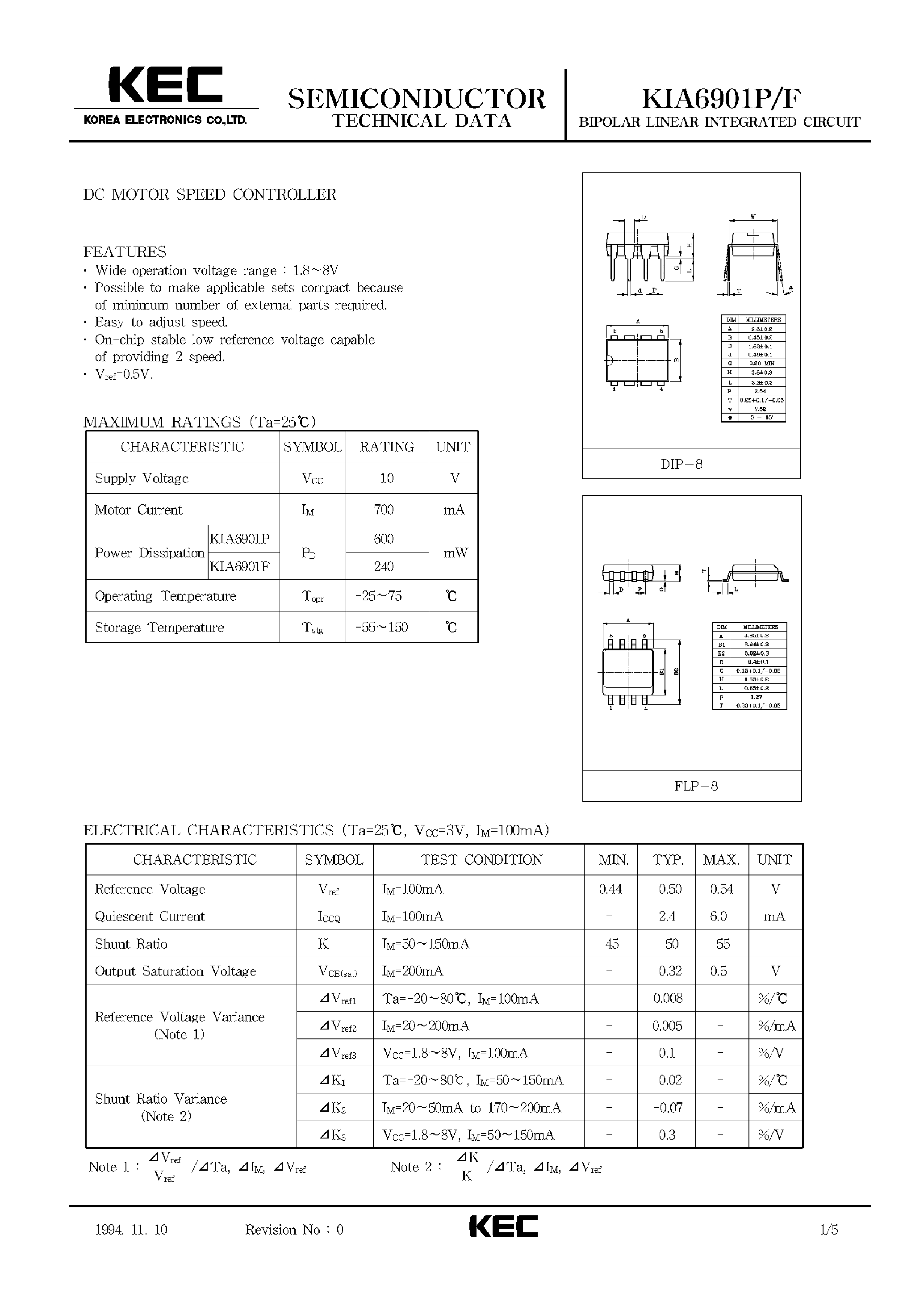 Datasheet KIA6901 - BIPOLAR LINEAR INTEGRATED CIRCUIT page 1