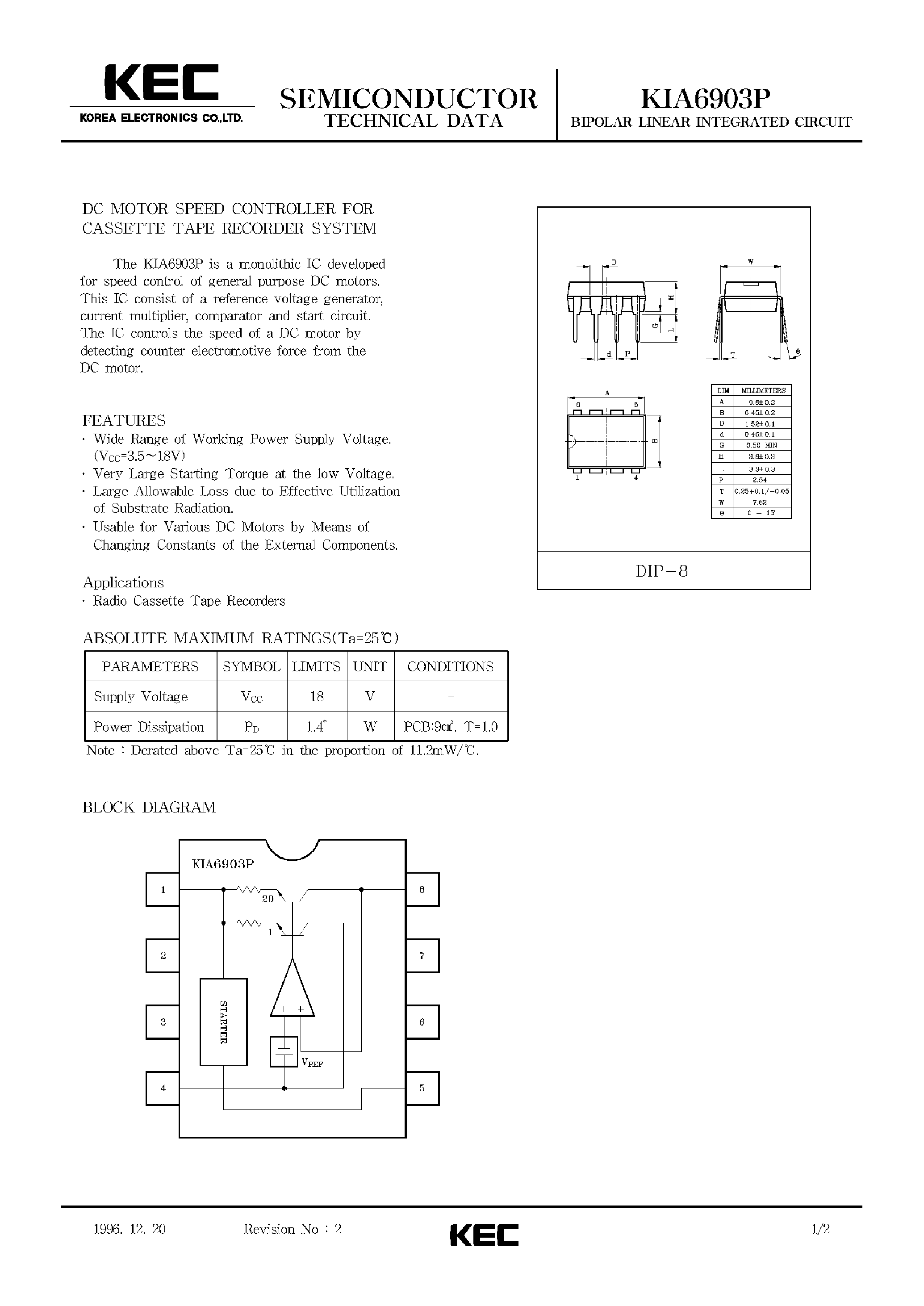 Datasheet KIA6903P page 1 Datasheet KIA6903P - BIPOLAR LINEAR INTEGRATED CIRCUIT (DC MOTOR SPEED CONTROLLER FOR CASSETTE TAPE RECORDER SYSTEM) page 1