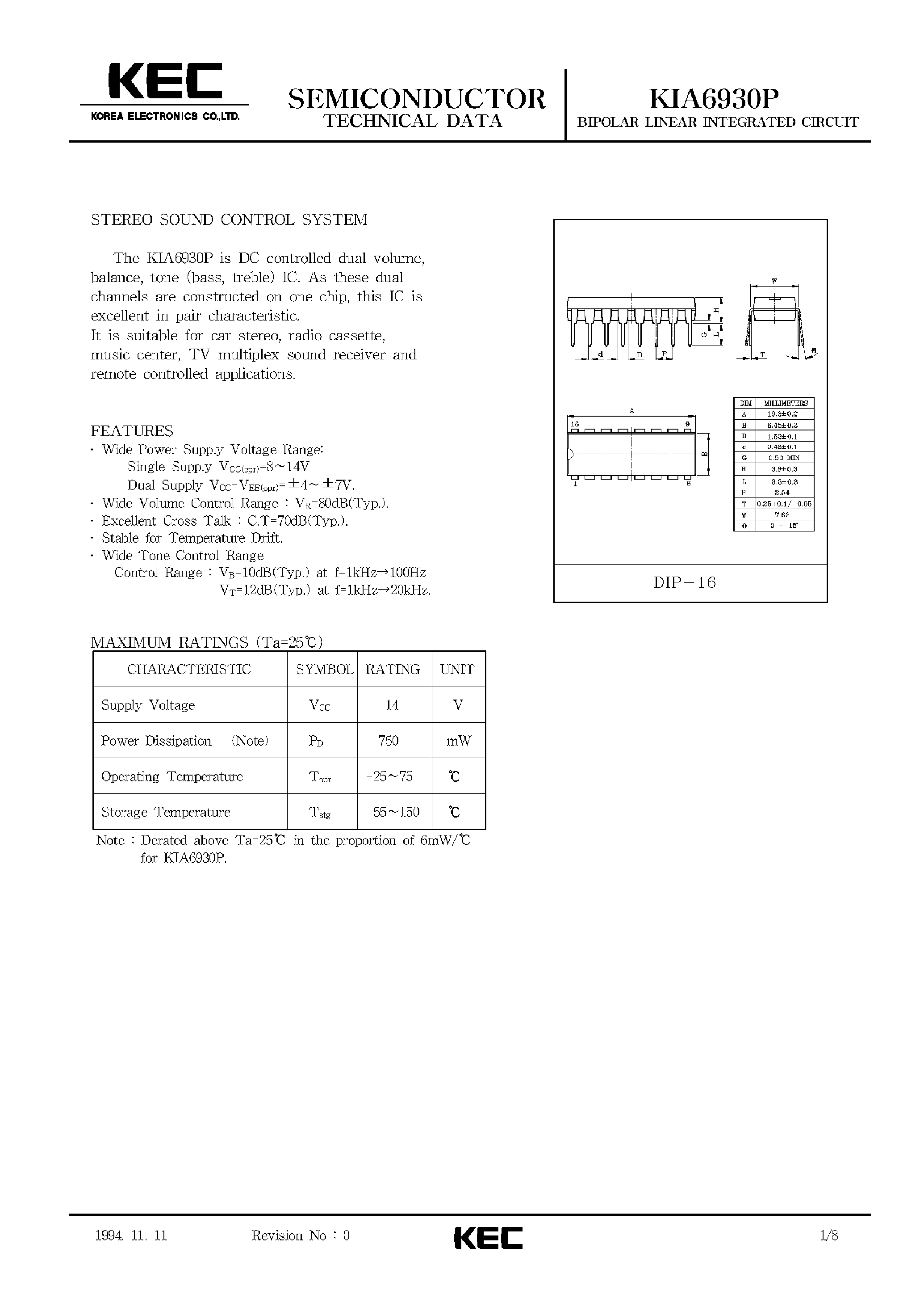 Datasheet KIA6930P - BIPOLAR LINEAR INTEGRATED CIRCUIT (STEREO SOUND CONTROL SYSTEM) page 1