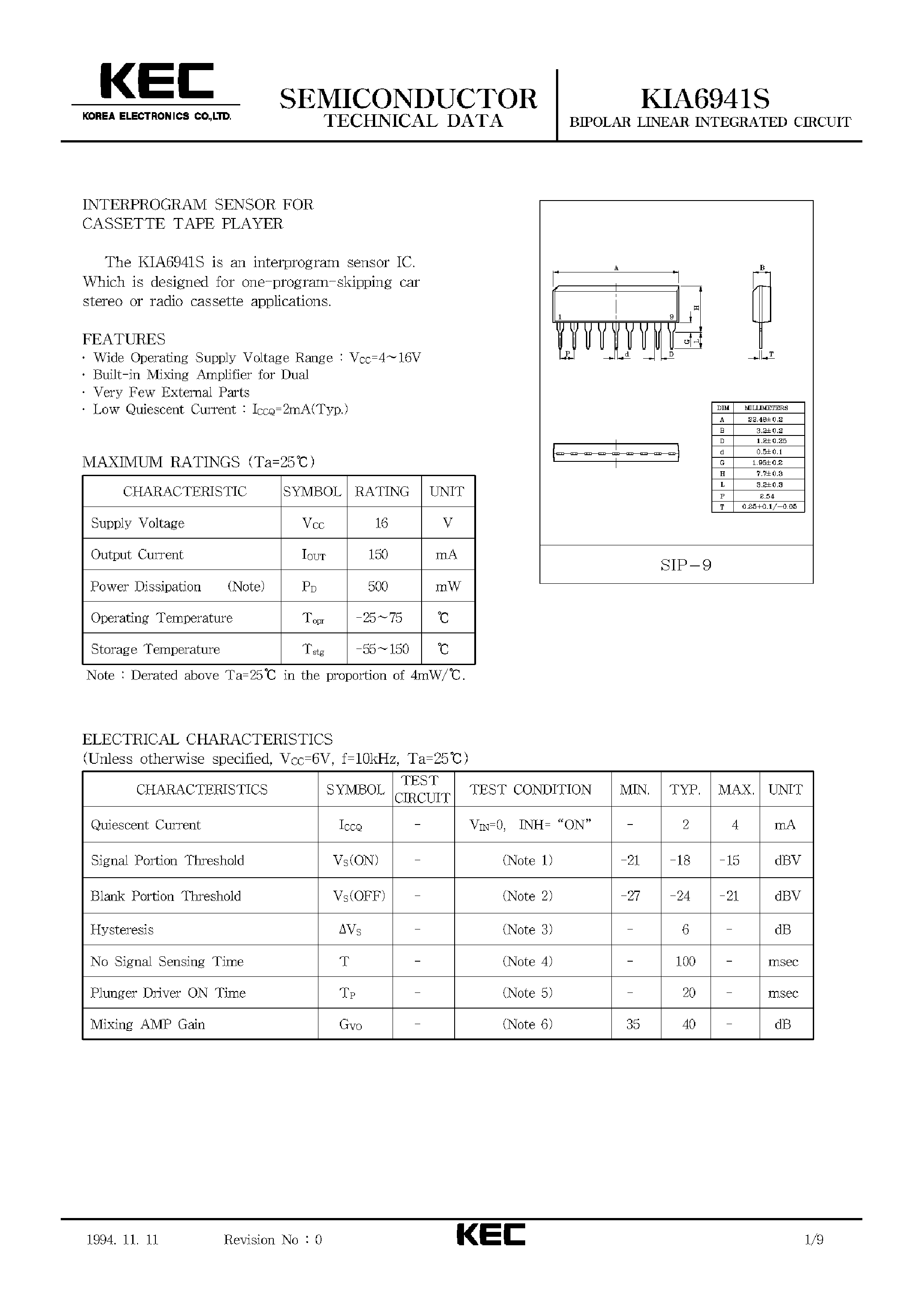 Datasheet KIA6941S - BIPOLAR LINEAR INTEGRATED CIRCUIT (INTERPROGRAM SENSOR FOR CASSETTE TAPE PLAYER) page 1