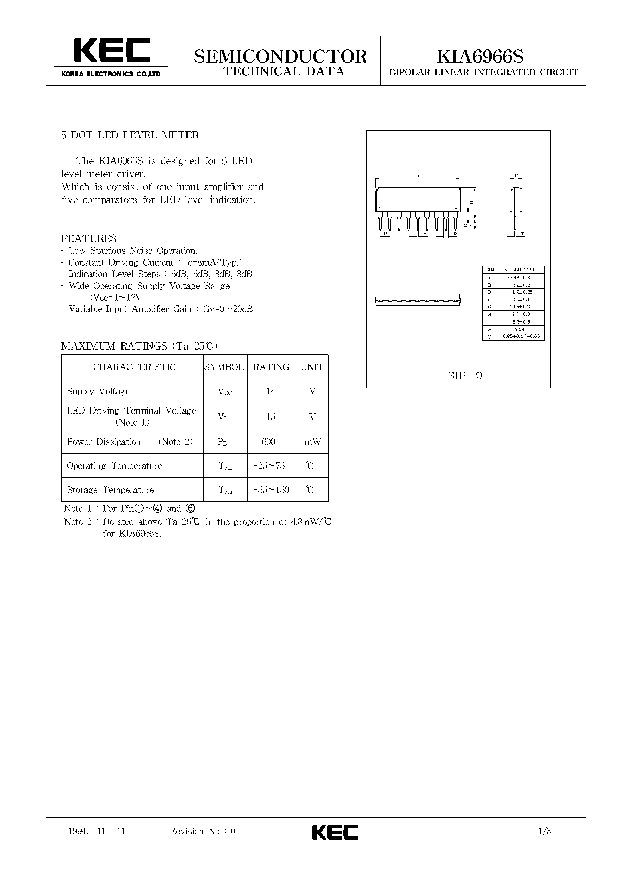 Datasheet KIA6966 - BIPOLAR LINEAR INTEGRATED CIRCUIT (5 DOT LED LEVEL METER) page 1