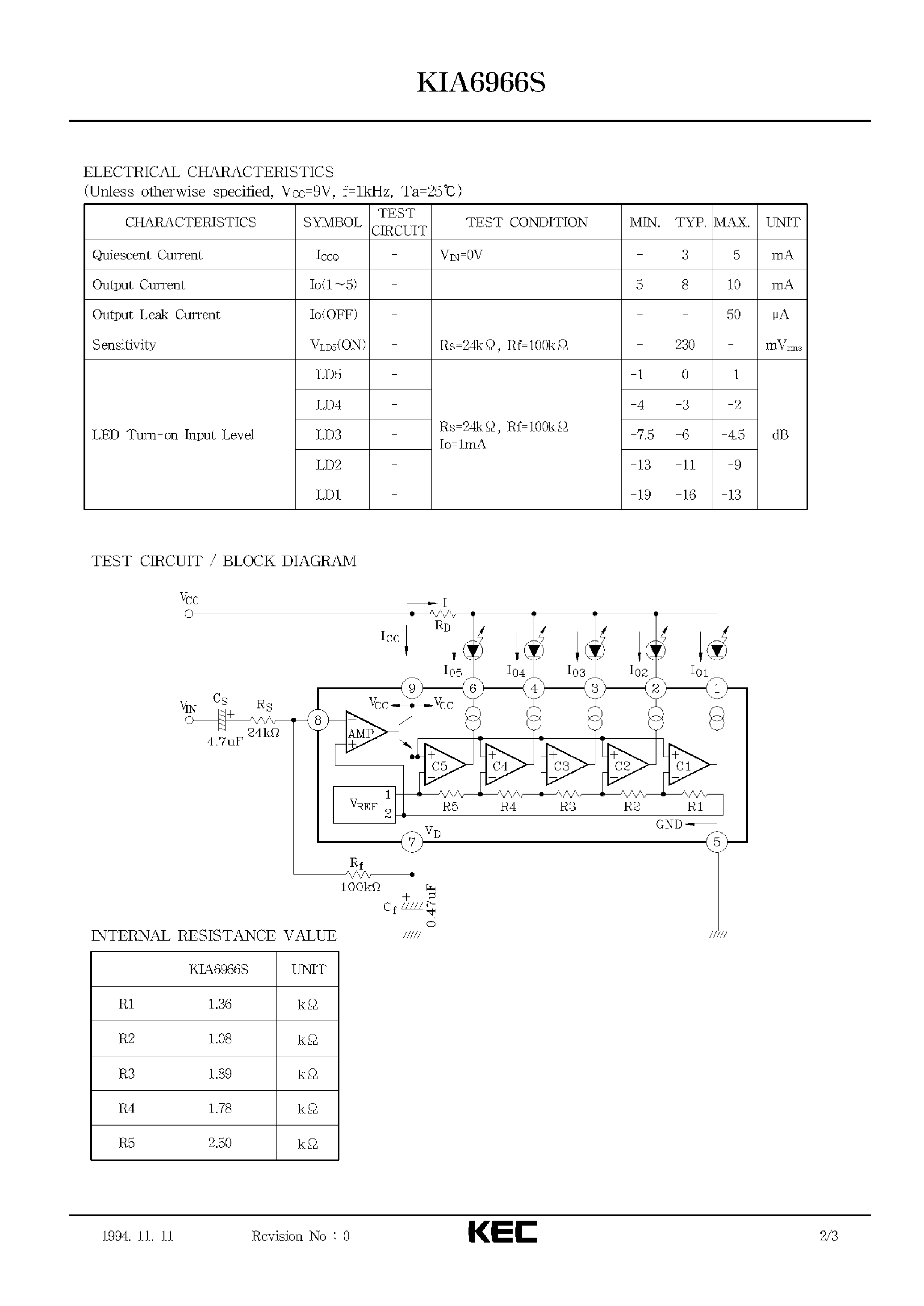 Datasheet KIA6966 - BIPOLAR LINEAR INTEGRATED CIRCUIT (5 DOT LED LEVEL METER) page 2