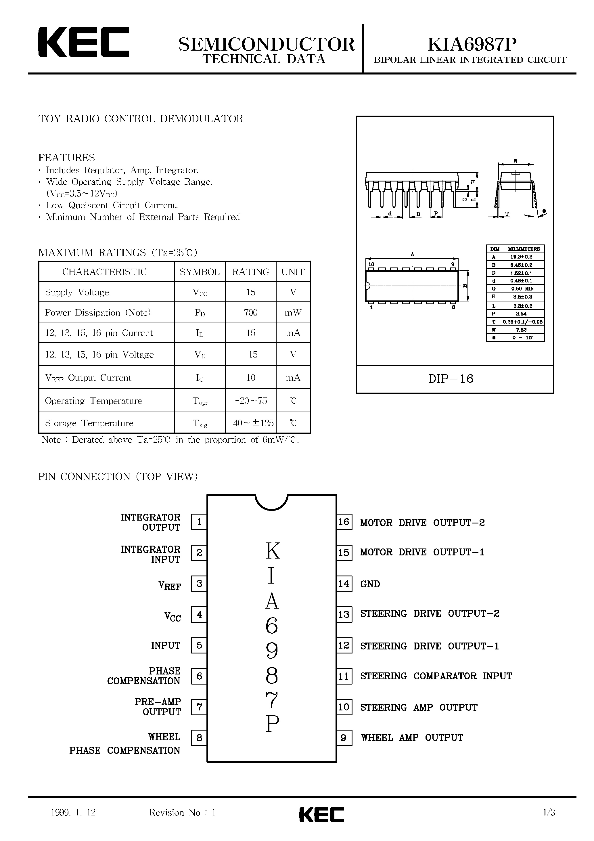 Datasheet KIA6987P page 1 Datasheet KIA6987P - BIPOLAR LINEAR INTEGRATED CIRCUIT (TOY RADIO CONTROL DEMODULATOR) page 1