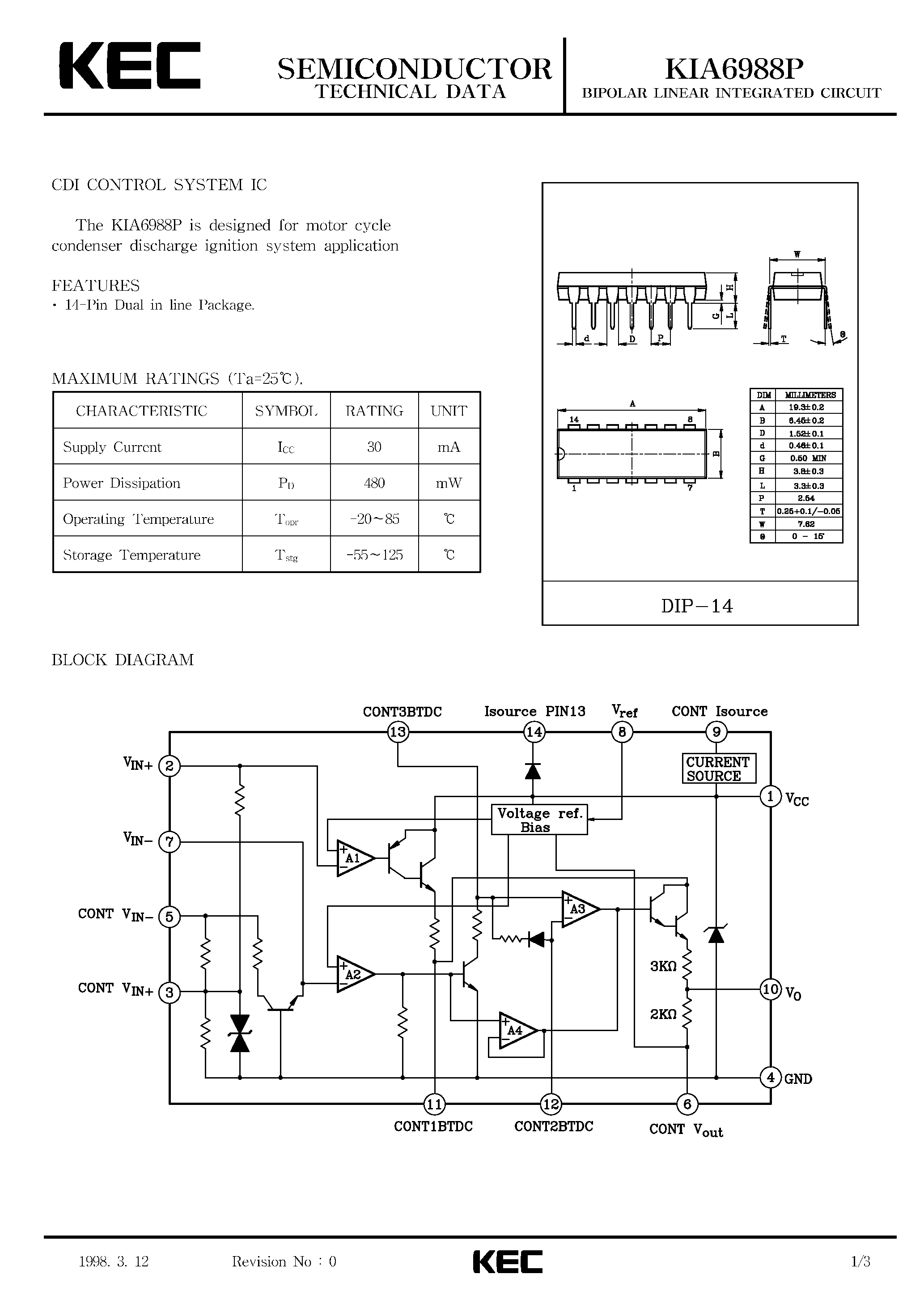 Datasheet KIA6988P page 1 Datasheet KIA6988P - BIPOLAR LINEAR INTEGRATED CIRCUIT (CDI CONTROL SYSTEM IC) page 1