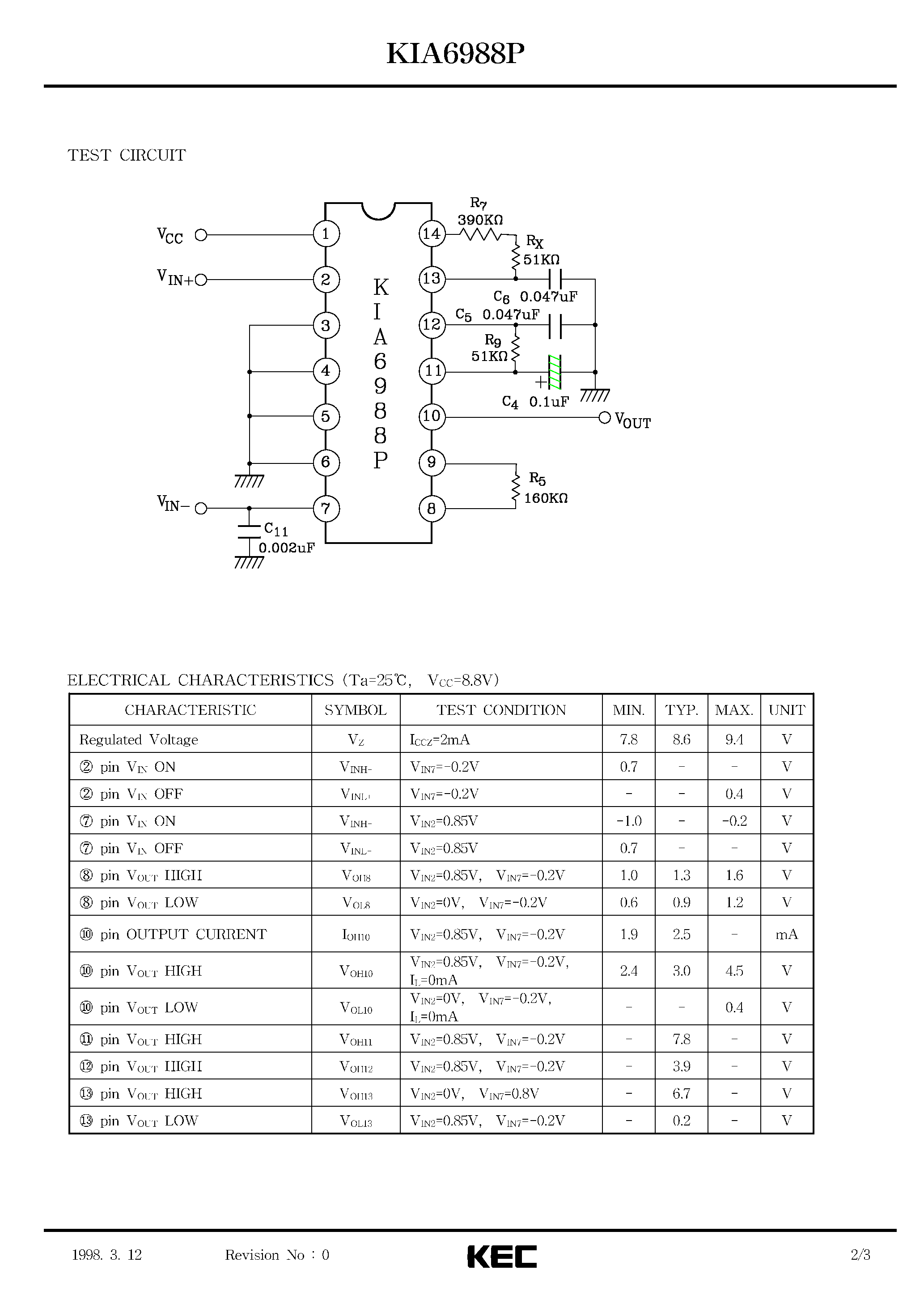Datasheet KIA6988P page 2 Datasheet KIA6988P - BIPOLAR LINEAR INTEGRATED CIRCUIT (CDI CONTROL SYSTEM IC) page 2